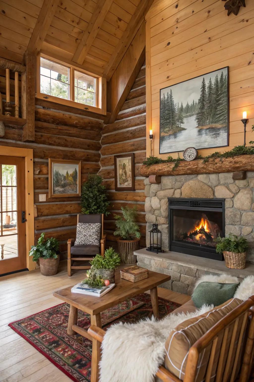 Rustic decor elements inject character and charm into the log cabin.