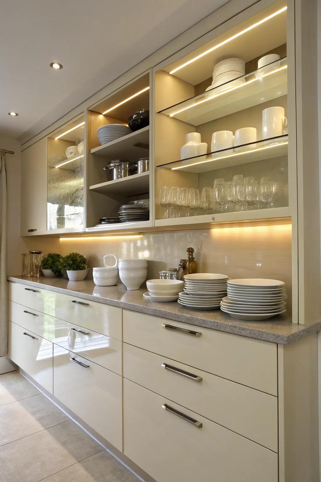 Open shelving that adds practical and decorative elements to a cream gloss kitchen.