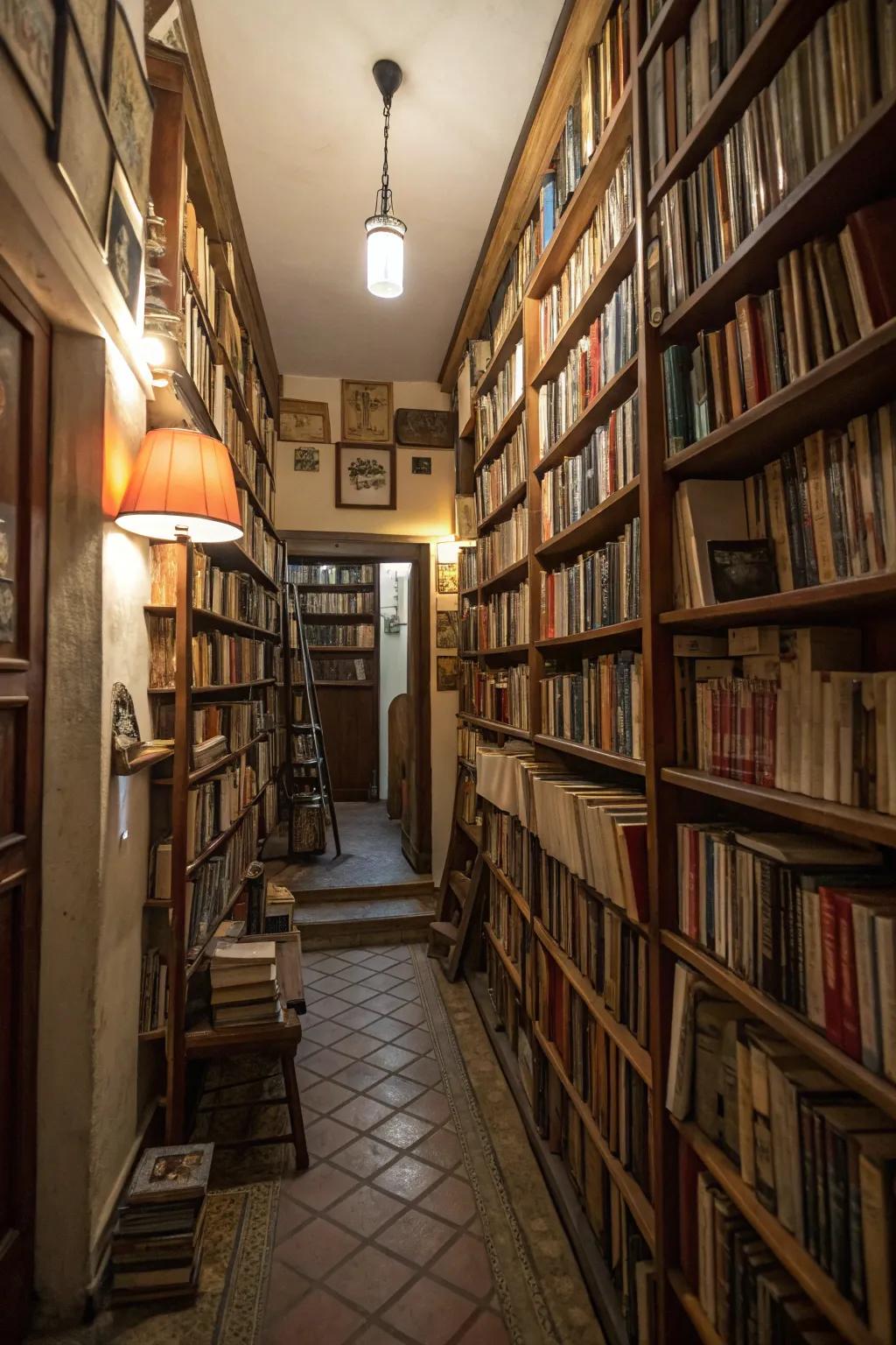 Vertical bookshelves efficiently utilize space while providing ample storage.