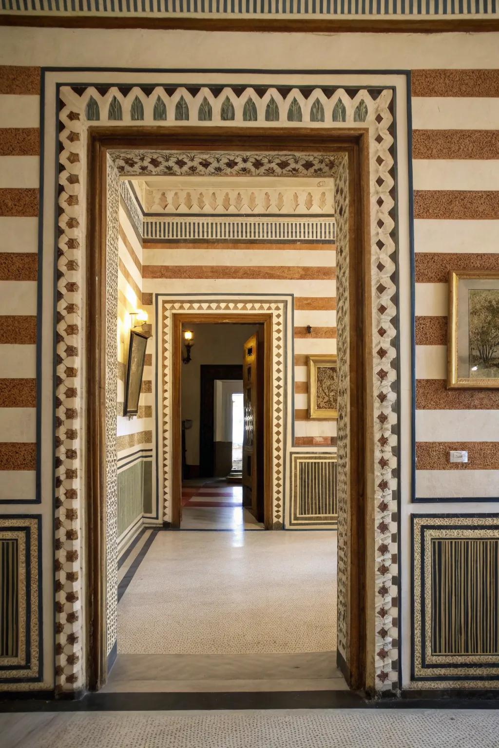 Framed stripes enhance this sophisticated, inviting entryway.