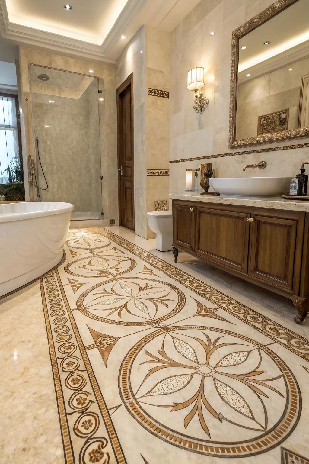 Intricate floor patterns with ivory pearl create a unique elegance.