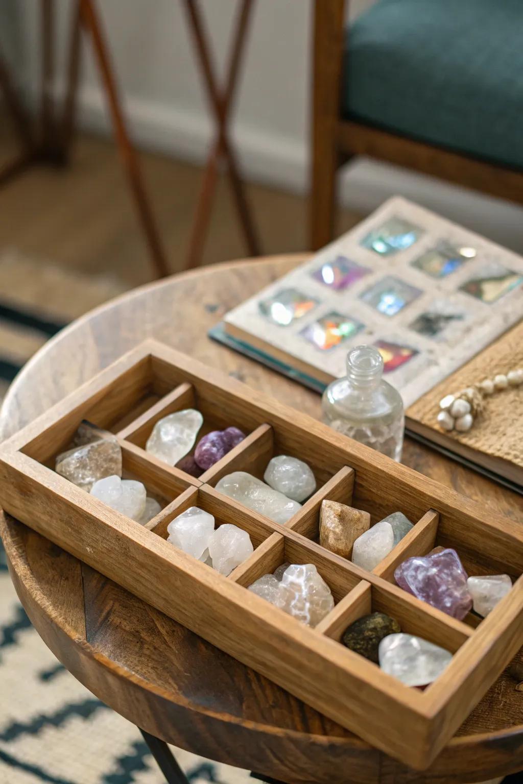 A timber tray showcasing a neat crystal collection.