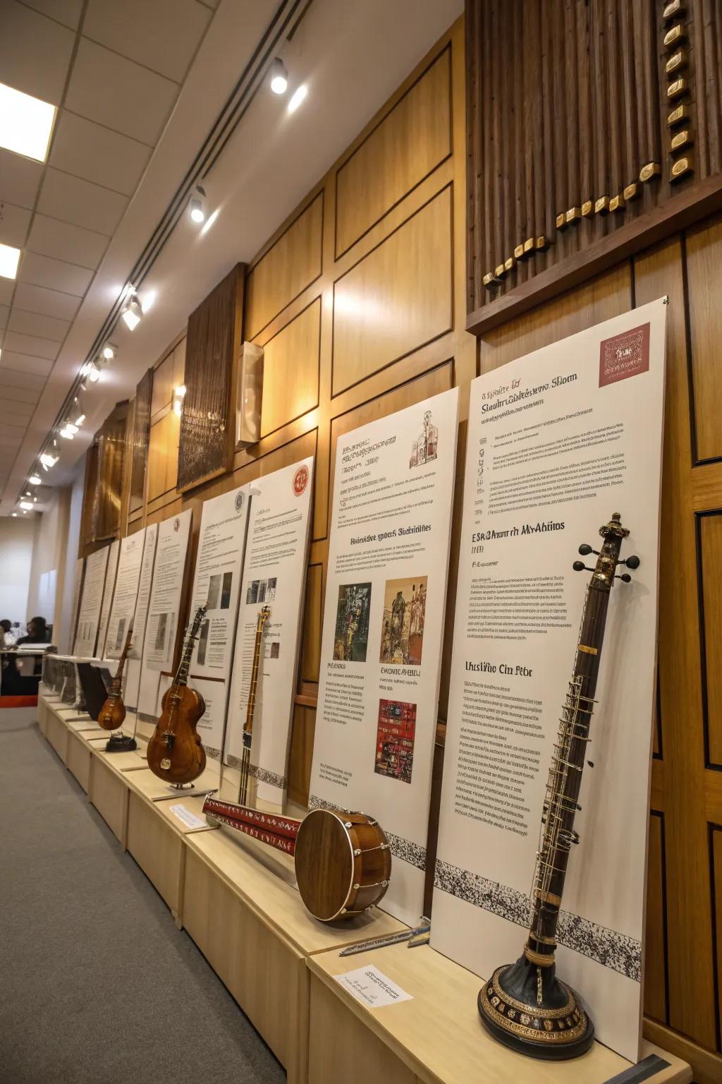 Posters of musical instruments enhance decor with rhythm.