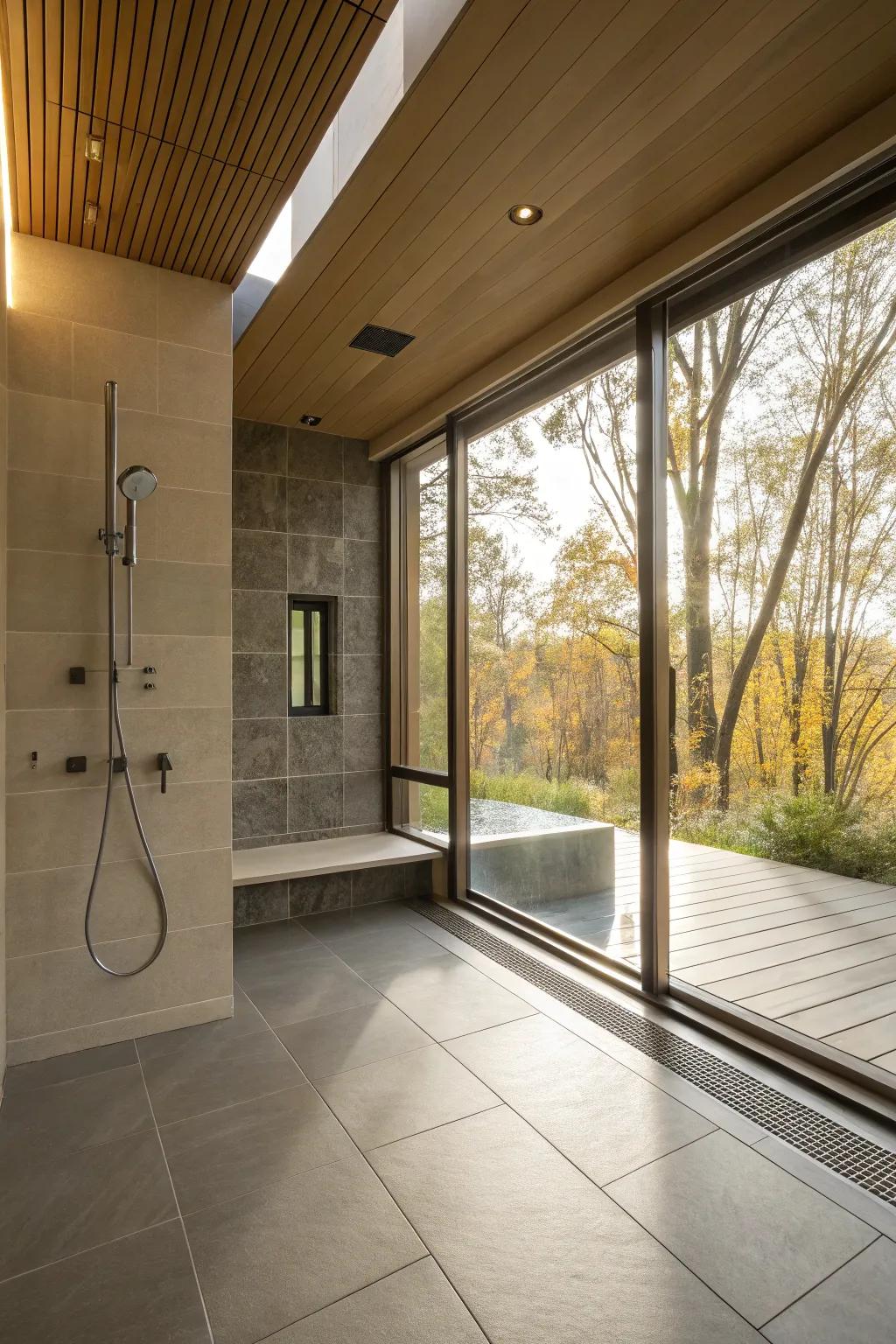 Natural light streams into this barrier-free shower, crafting a bright and airy atmosphere.