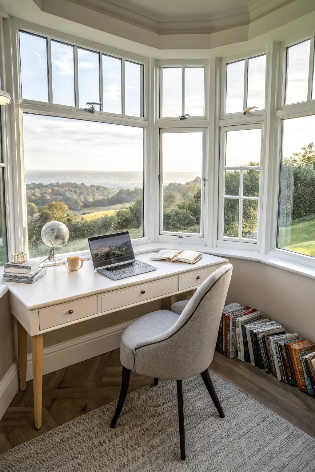 A useful workspace located in a curved bay window.