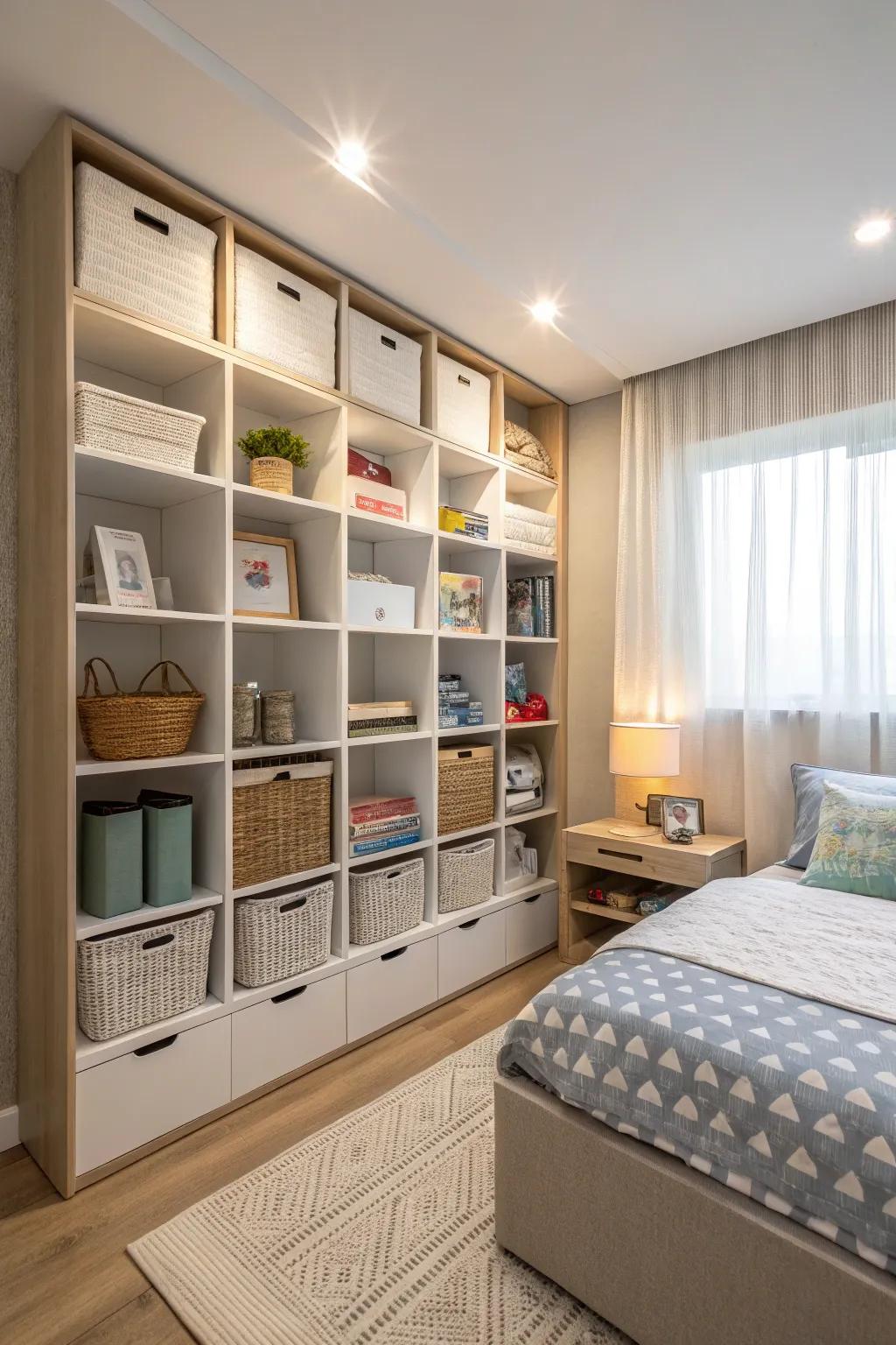 Organized storage maintains the room tidy.