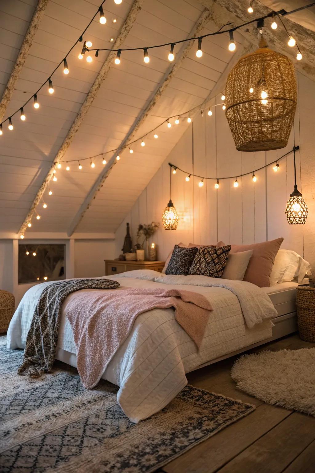 Creative lighting beautifully transforms the room’s atmosphere.