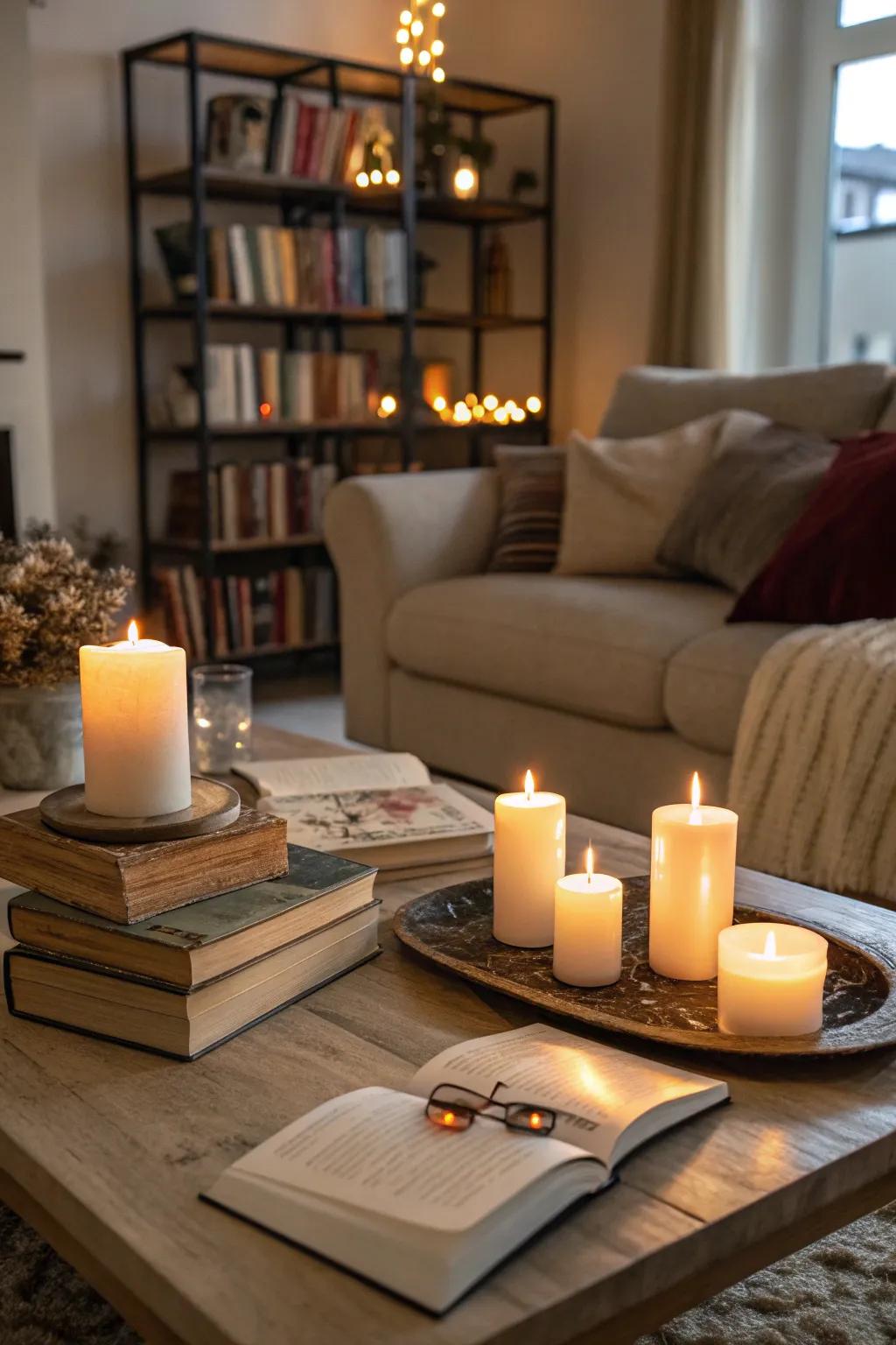 Inviting details like scented sticks and literary works fashion a snug retreat.