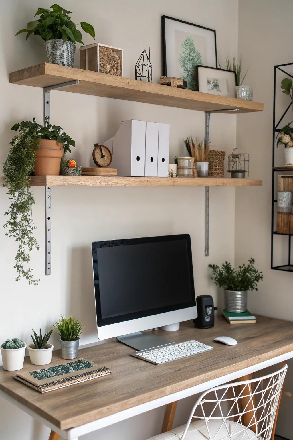 Floating shelves contribute dimension and fashion to your setup.