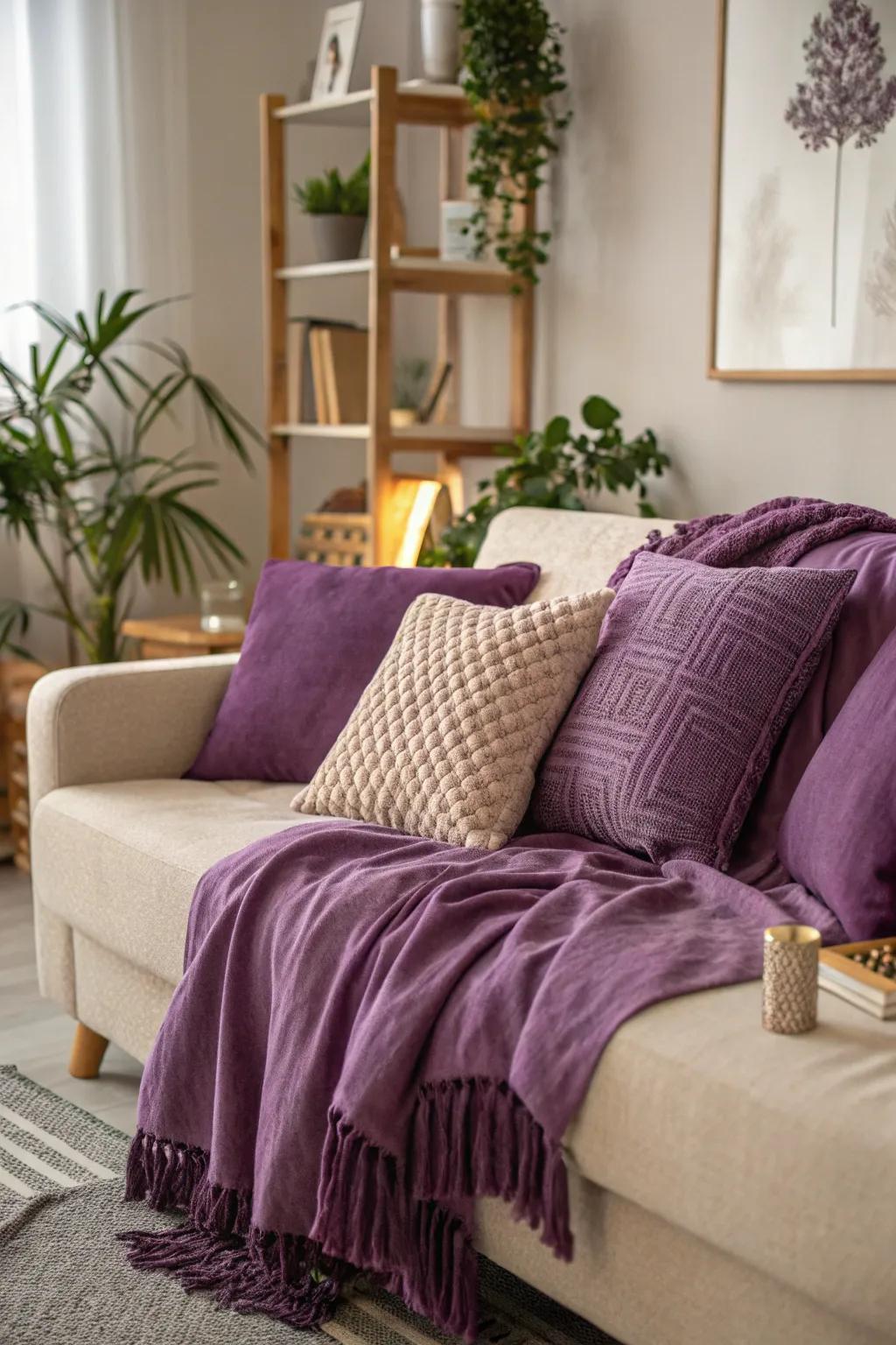 Purple throw pillows adding vibrant pops of color.