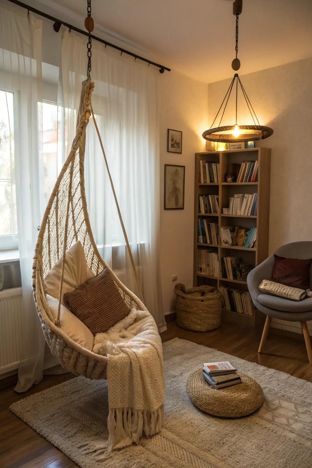 Suspended seats establish a playful and relaxed atmosphere.