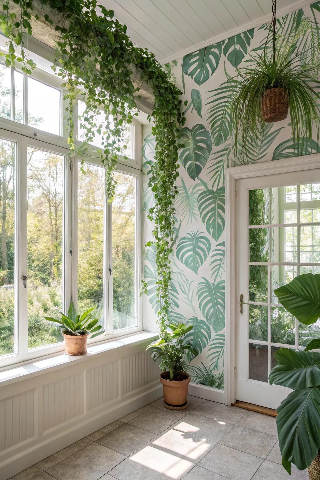 A sunroom with tropical leaf pattern wall covering, creating a lush, vacation-like retreat.