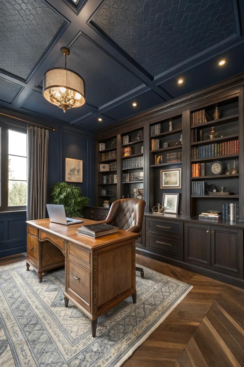 A sophisticated domicile workplace showcasing a deeply shaded cerulean overhead.