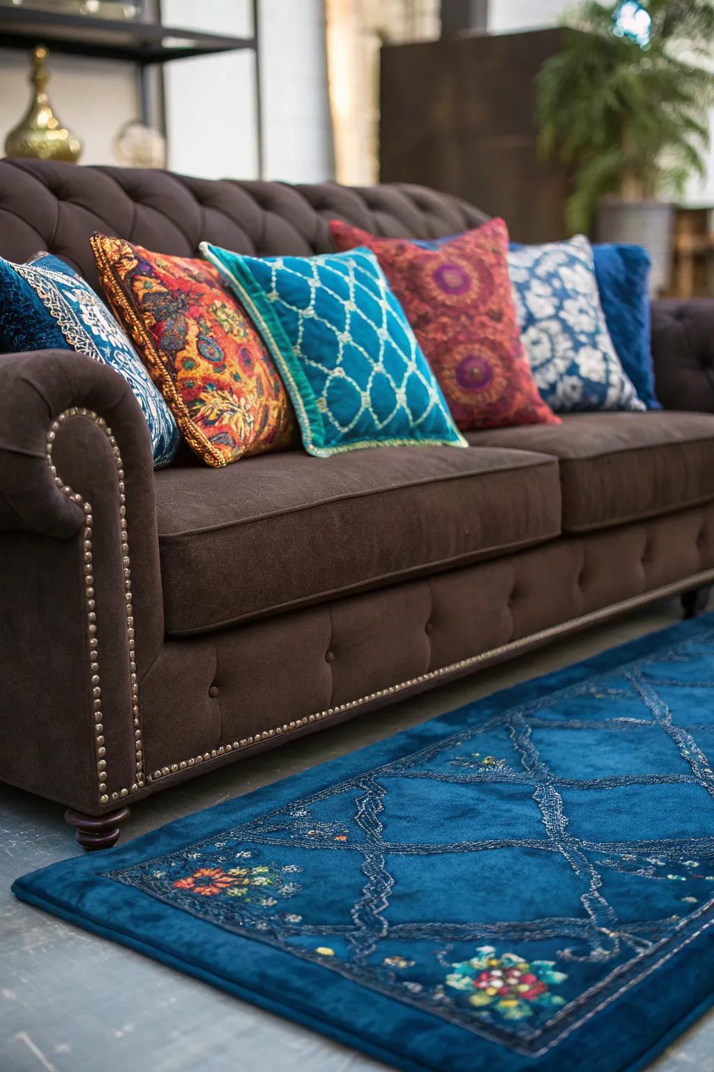 Gem tones produce a captivating juxtaposition with a dark brown sofa.