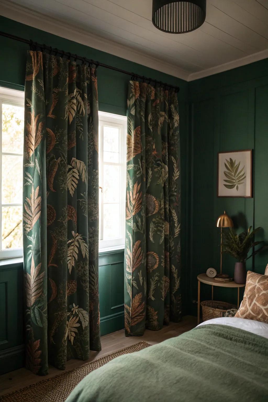 A shadowy jade bedroom with plant-inspired window hangings appending a hint of nature.