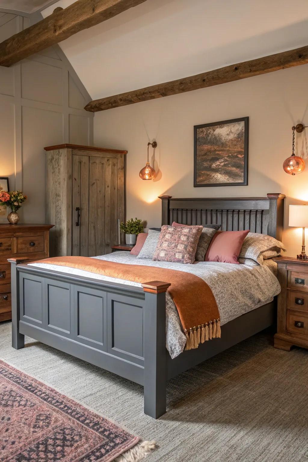 Bronze features add warmth and elegance to a grey-themed bedroom.