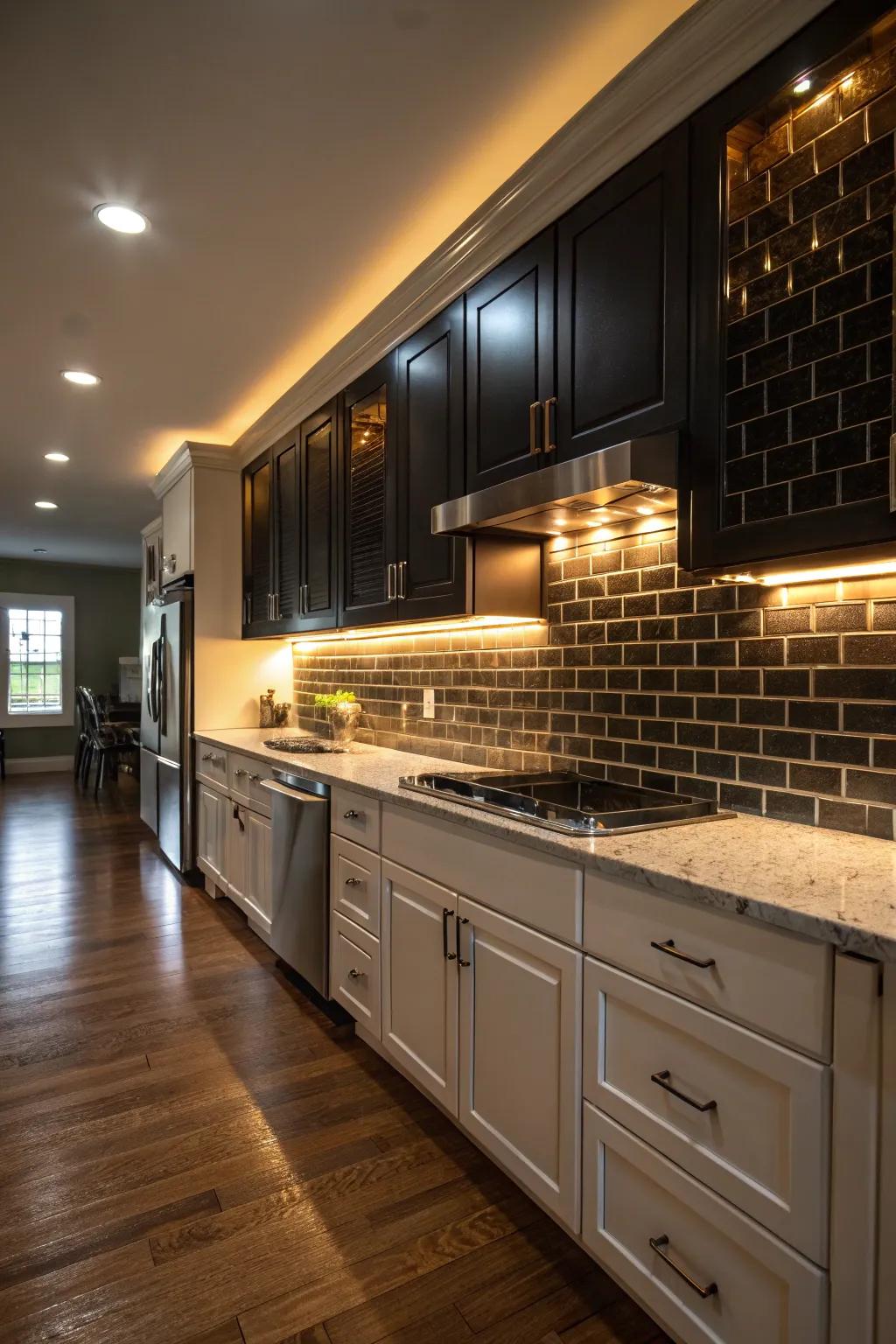 A kitchen featuring beneath-cabinet lighting that accentuates the beauty of a dark backsplash.