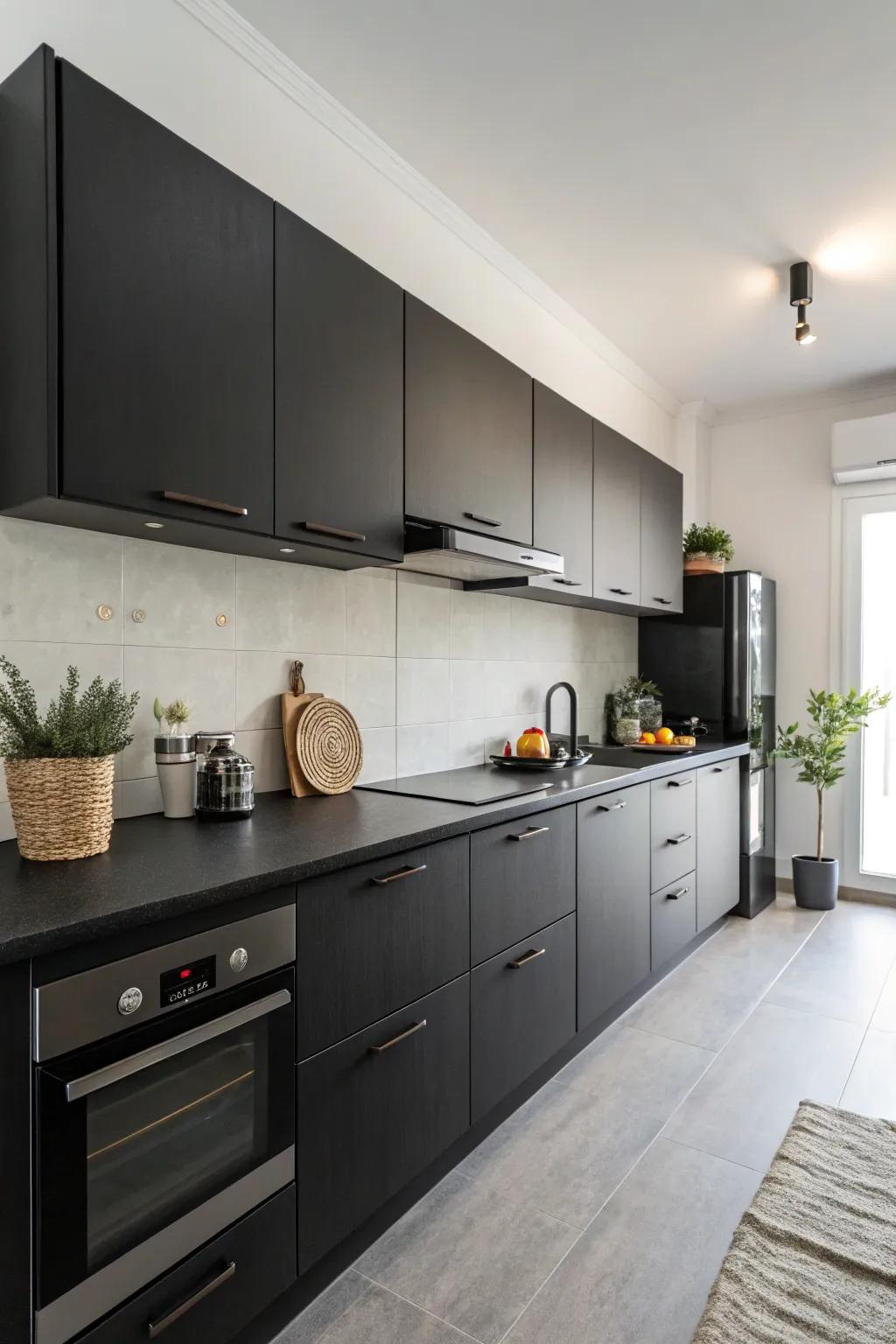 Minimalist décor highlights the sophistication of a deep kitchen.