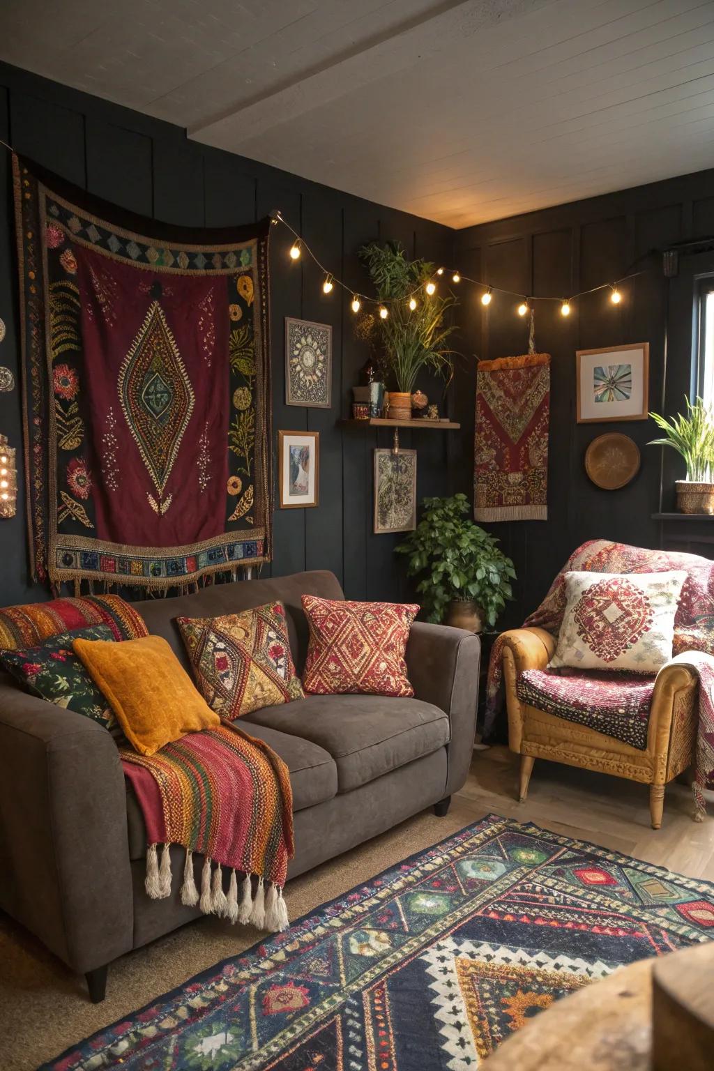 An eclectic bohemian living space full of color and texture.