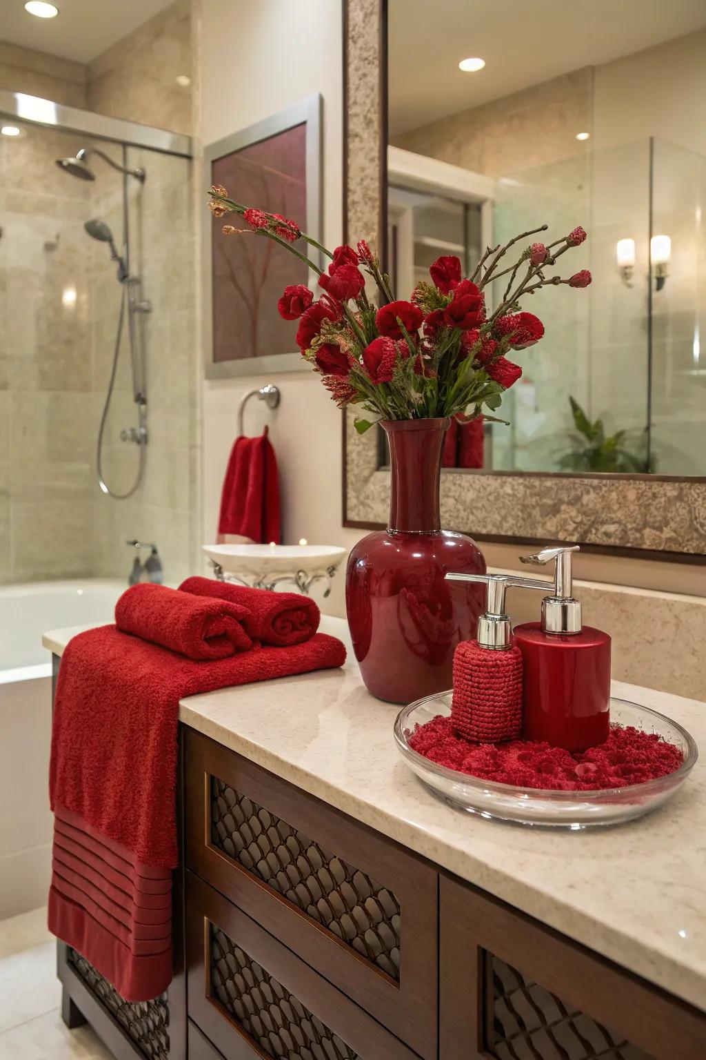 Ornamental crimson accessories append cohesion and panache.