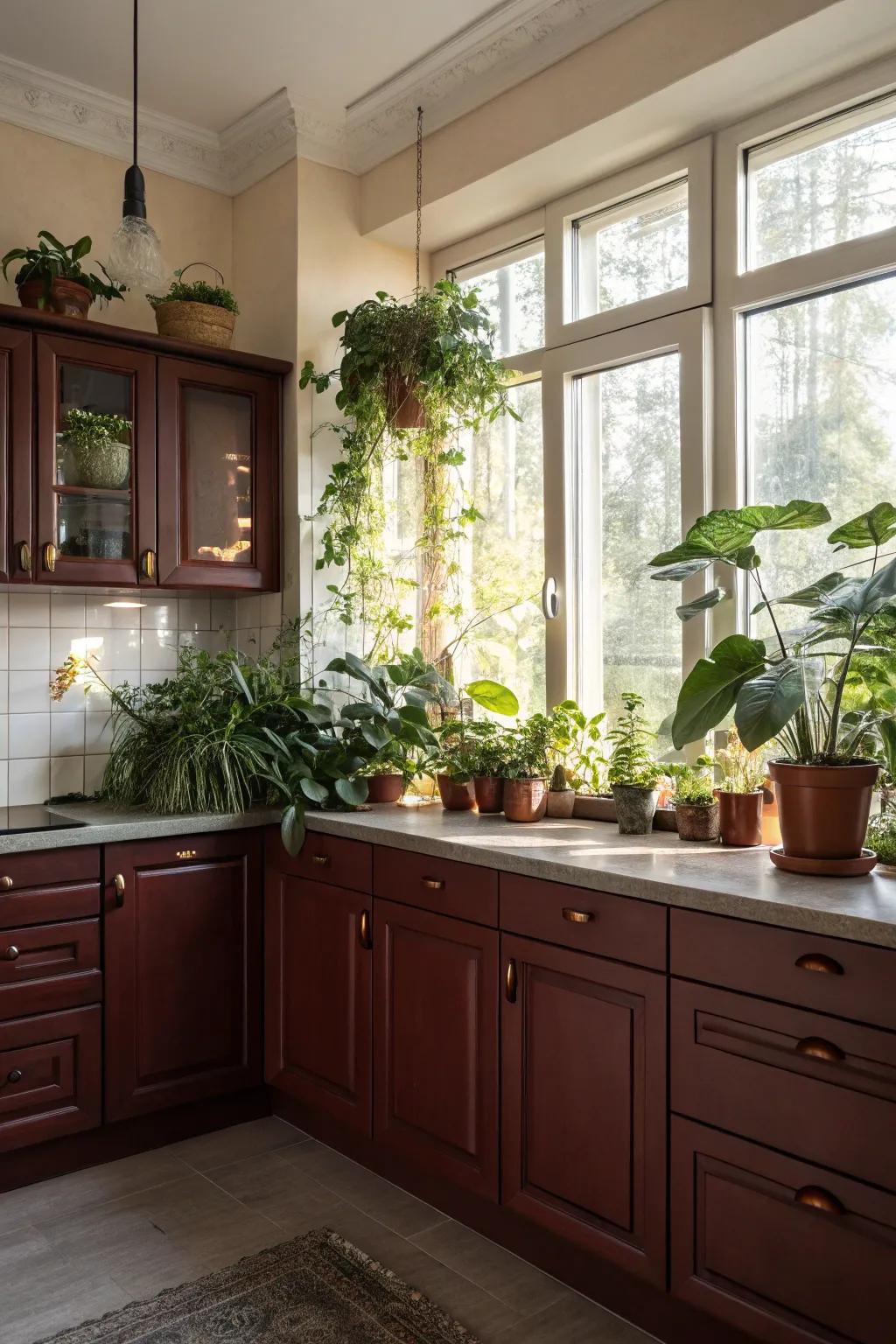 Kitchen featuring dark red cabinets complemented by natural components.