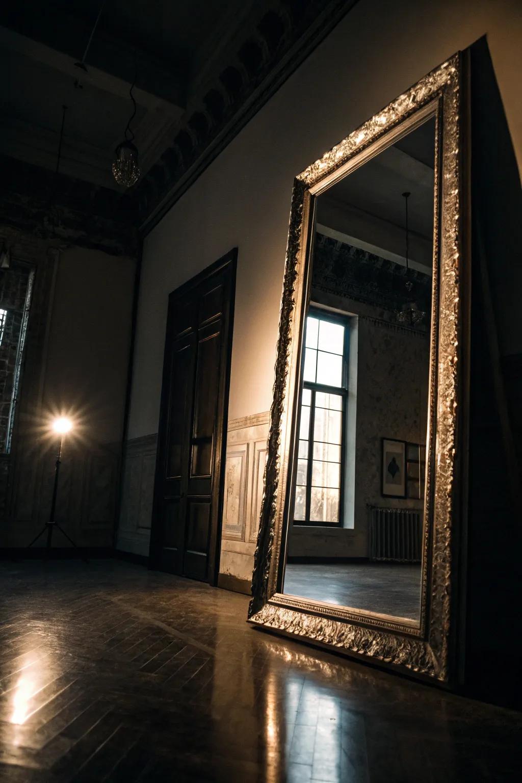 A dimly lit room enhanced by a full-length mirror.