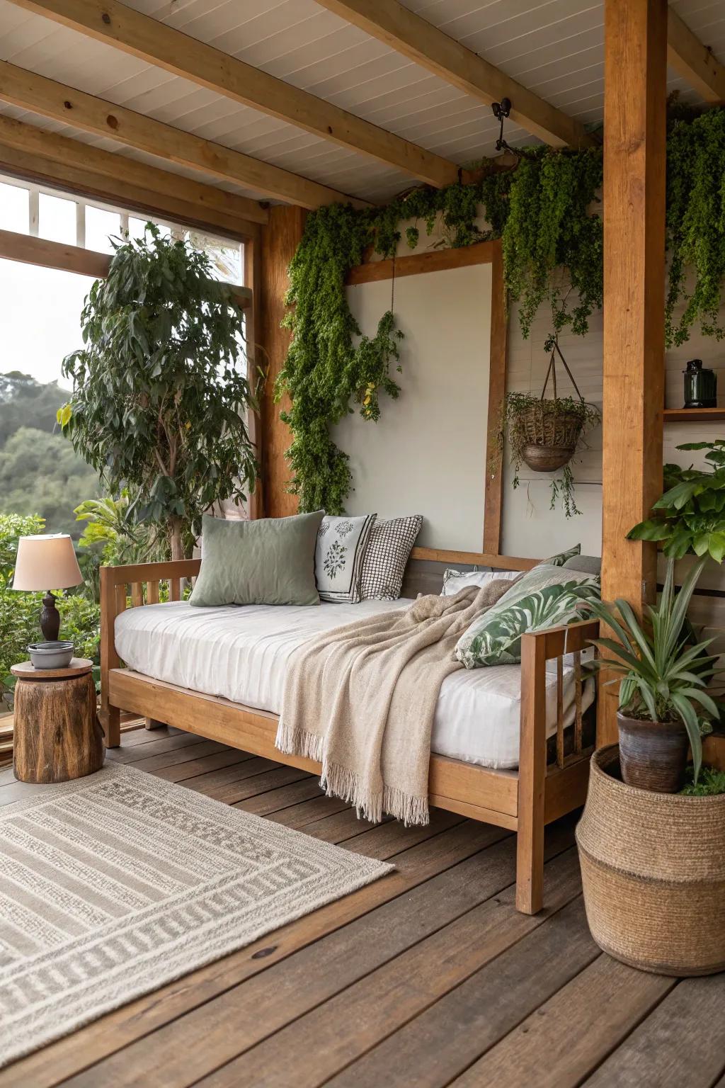 Daybed with organic elements and foliage