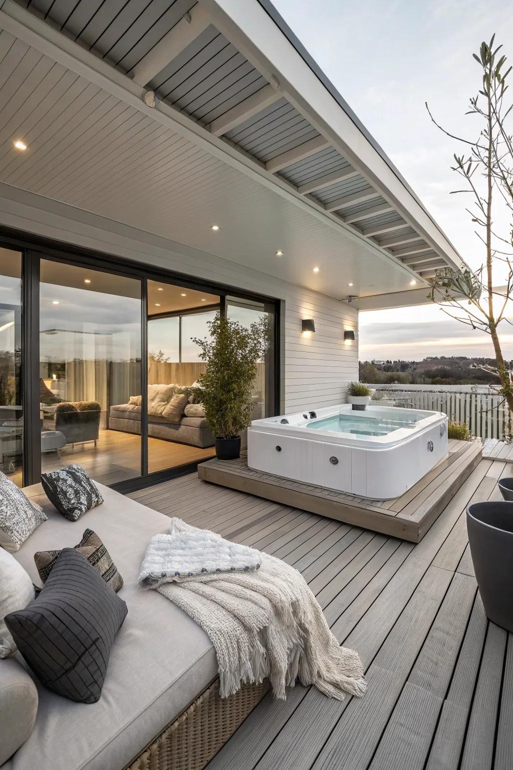 A contemporary yet cozy hot tub deck design.