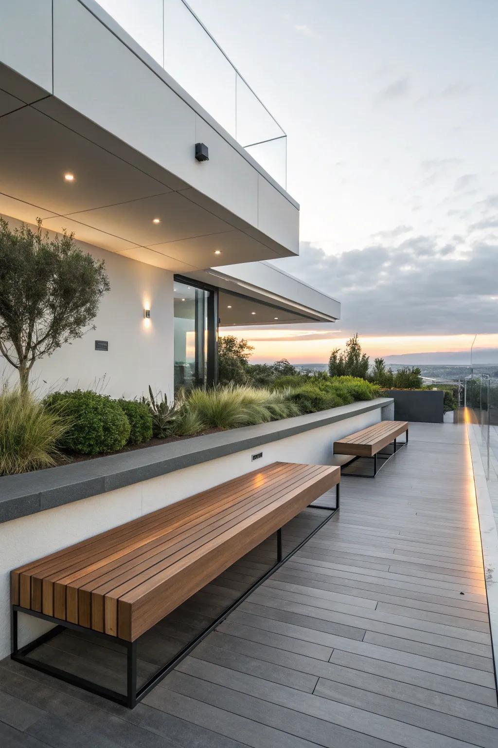 Levitating benches contribute a modern and airy design element.