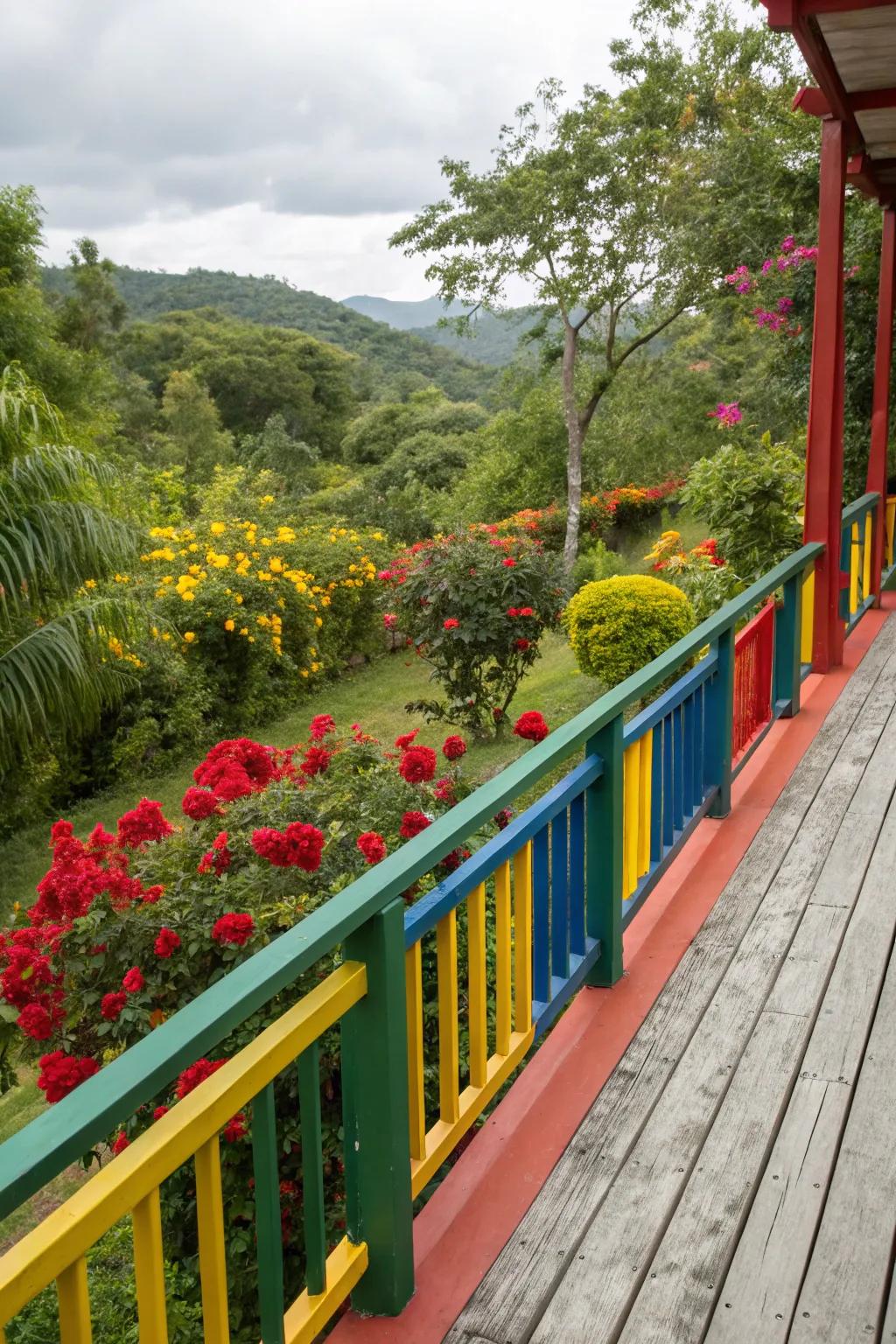 A lively deck showcasing boldly colored balustrades, nestled within a vibrant garden.