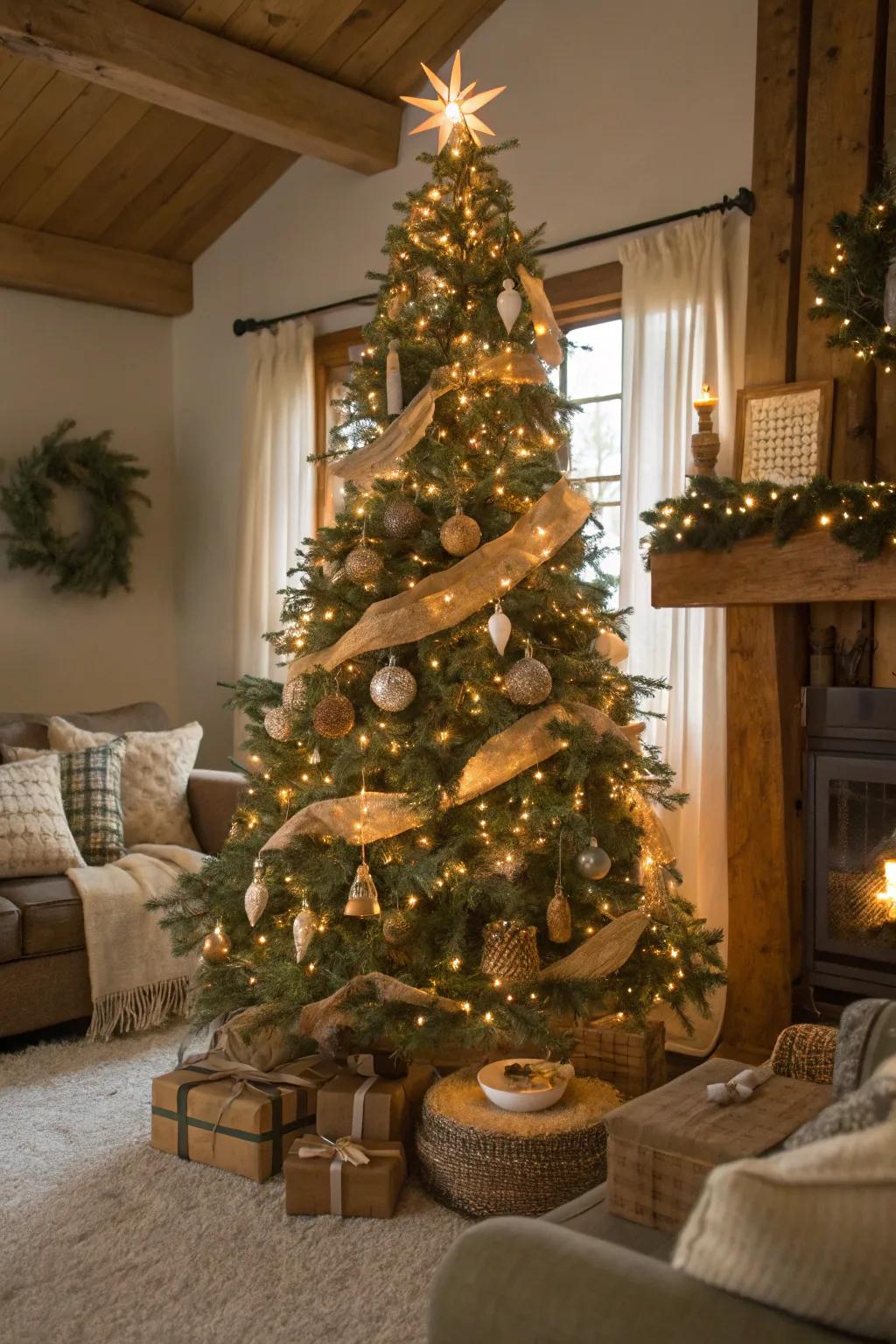 A homespun abode Christmas tree showcasing inviting illumination and timbered embellishments.