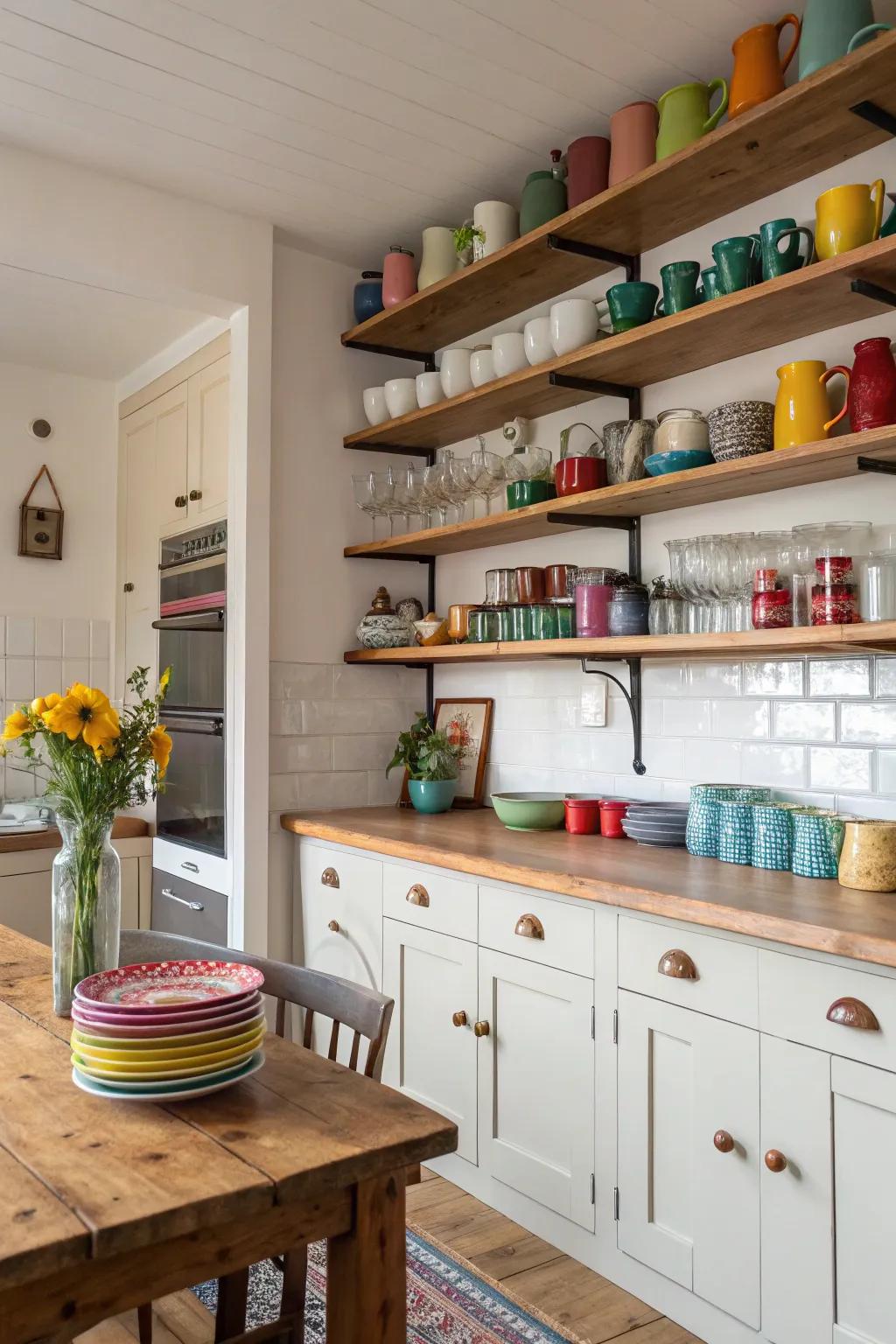 Open shelving highlights items while maintaining light spaces.