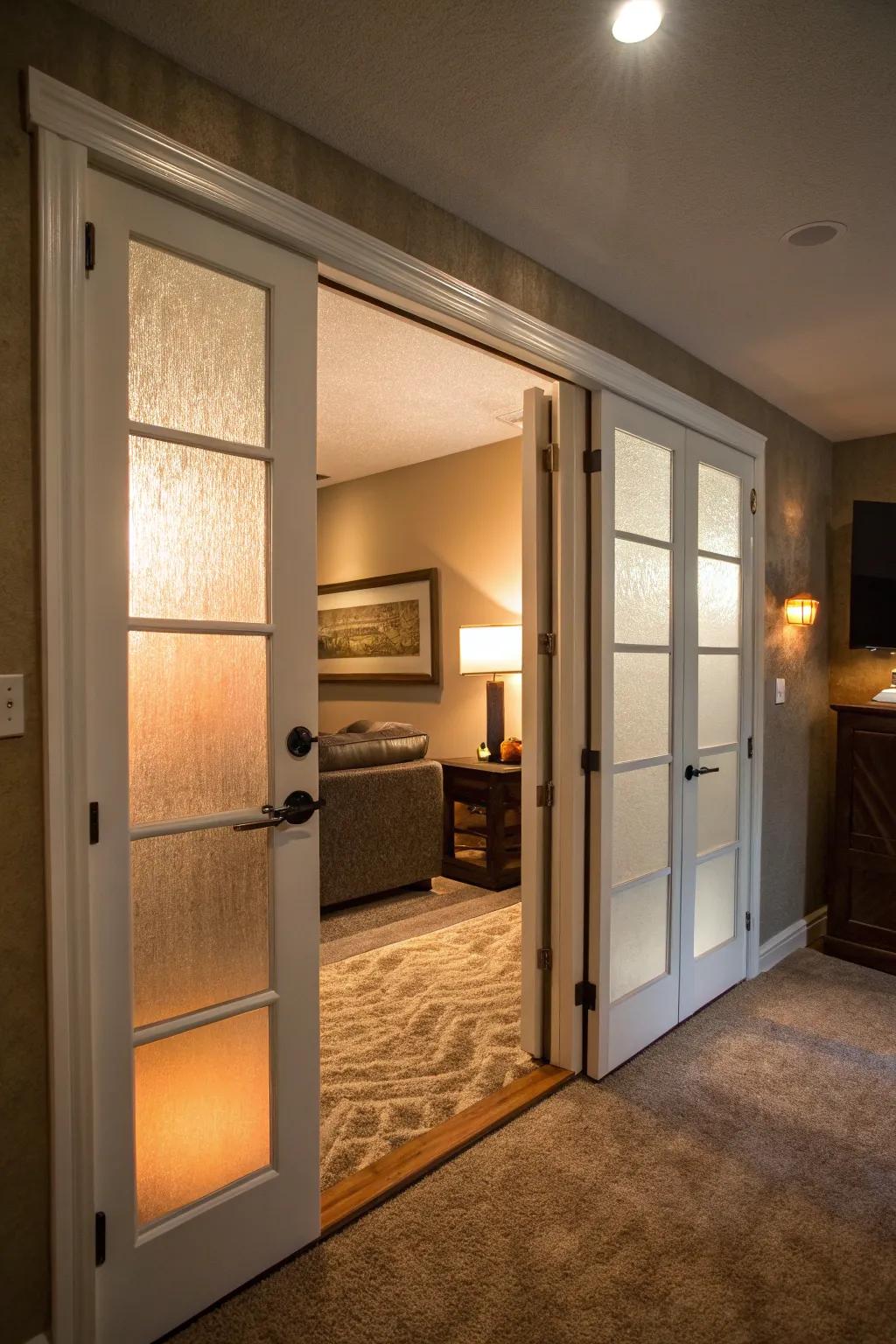 Obscured glass doors combine privacy with ambient light.
