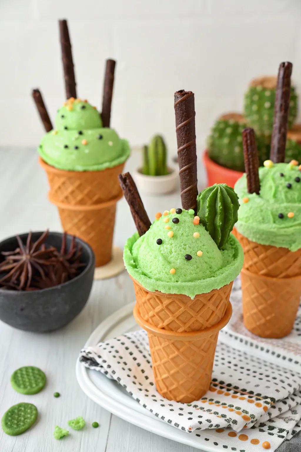 Arid bloom-shaped frozen delight cones featuring verdant frozen delight and cocoa spars.