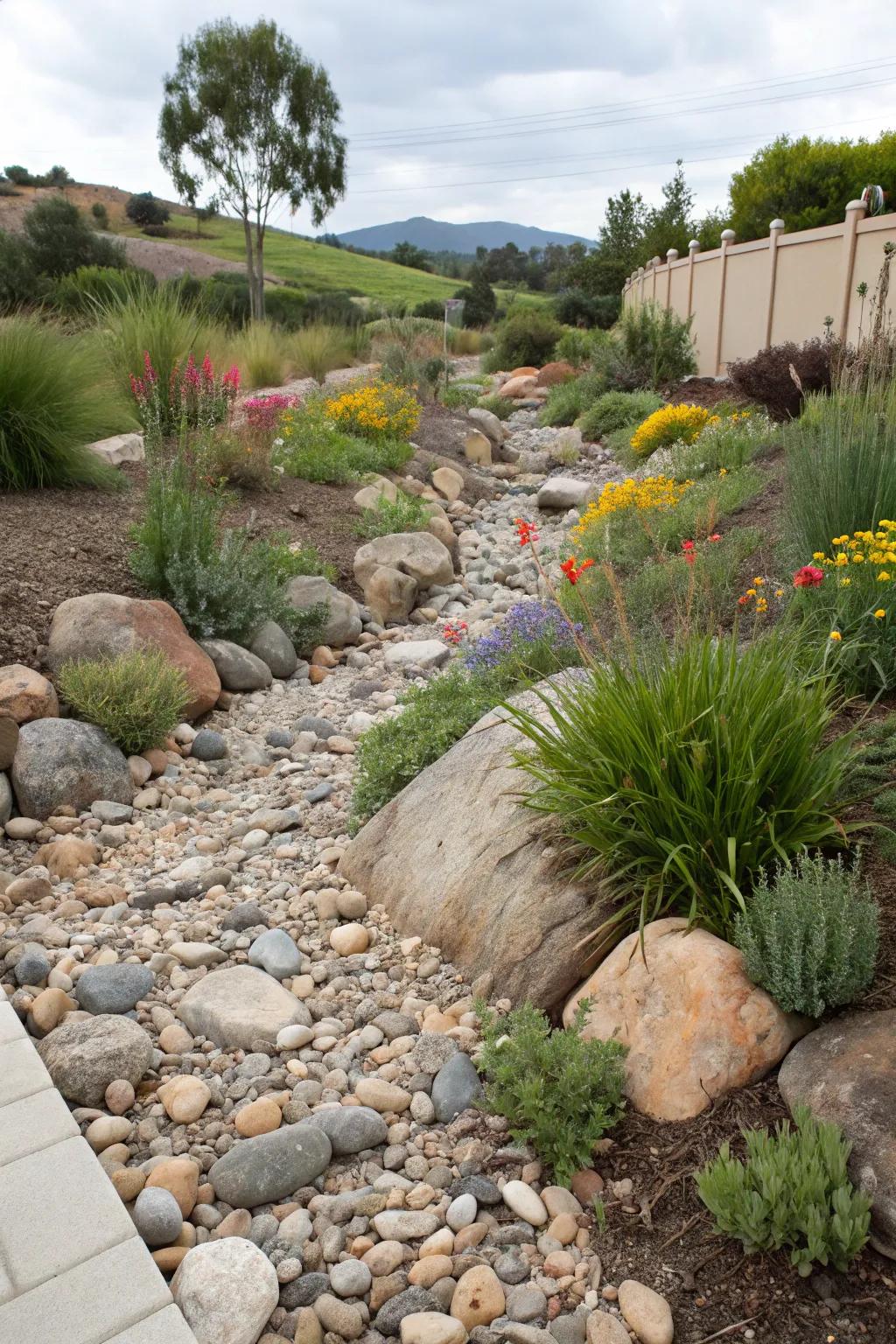 A dry stream bed contributes texture and purpose to the landscape.