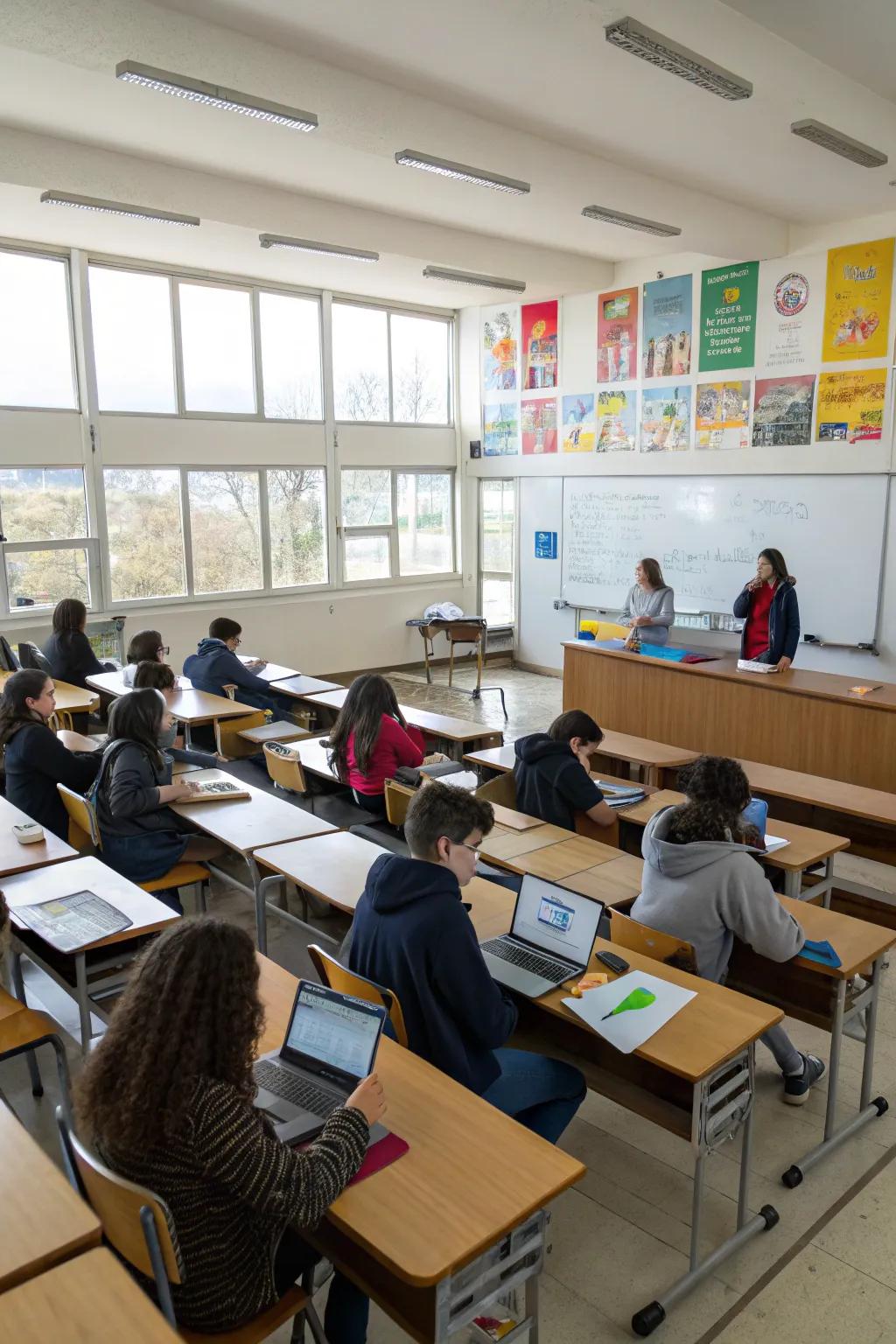 Stadium seating provides lucid visibility and concentration for classroom presentations.