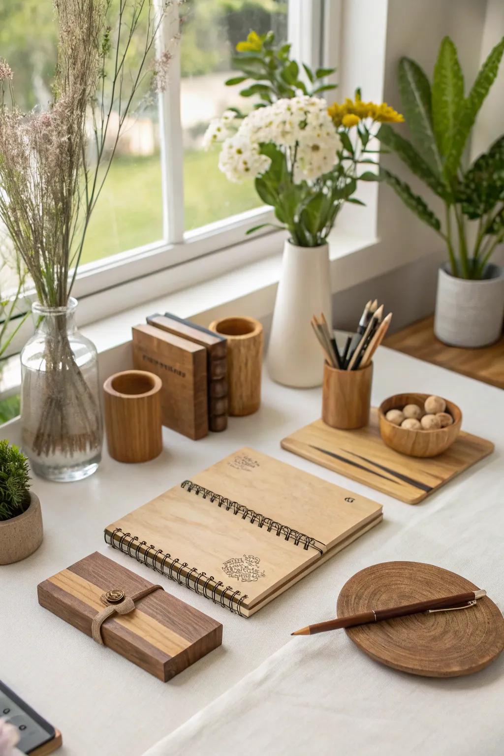 Natural elements like wood adding a sense of warmth to the workspace.