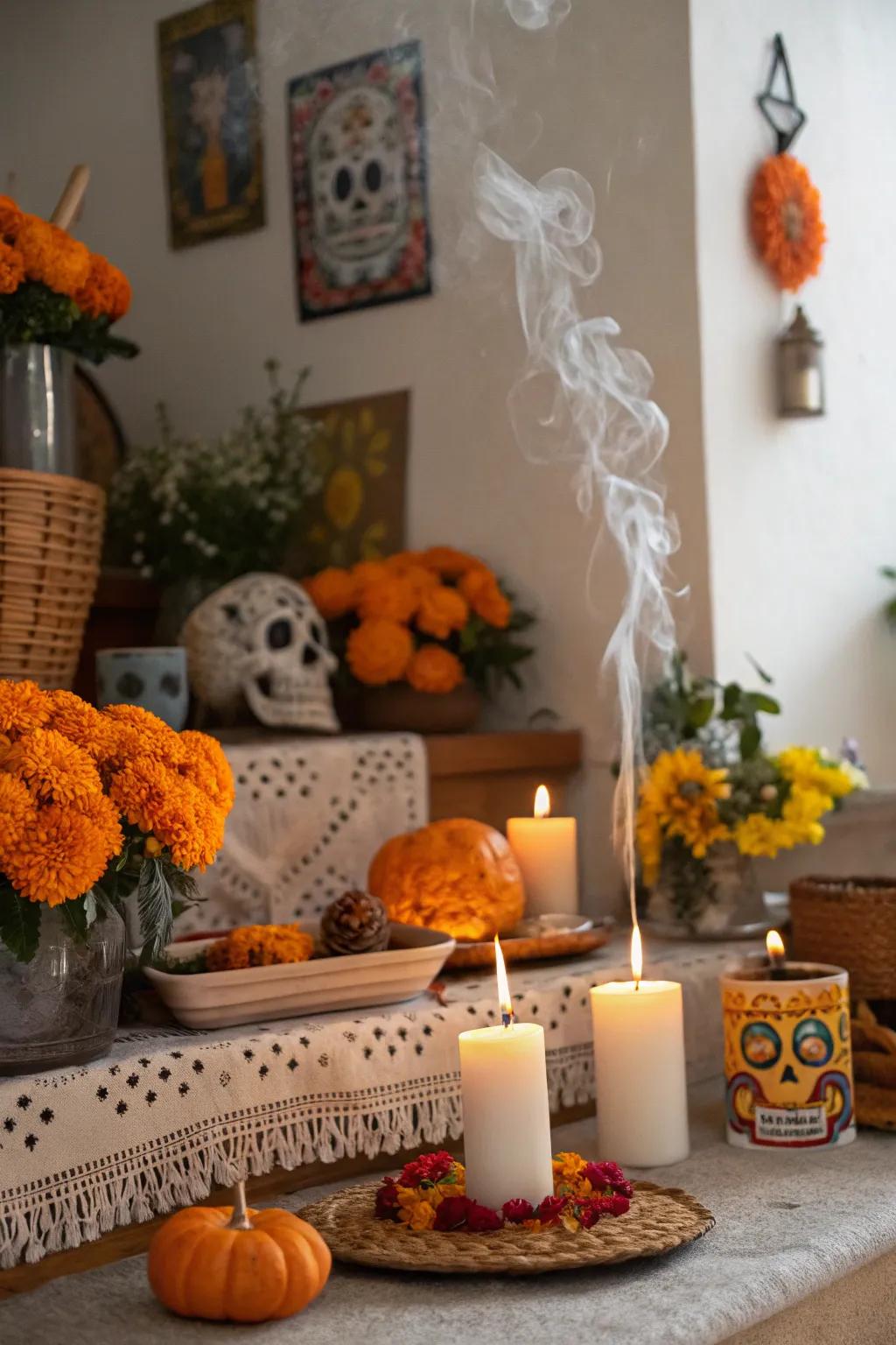 Fragrant sticks or copal purifies the space and creates a calming atmosphere.