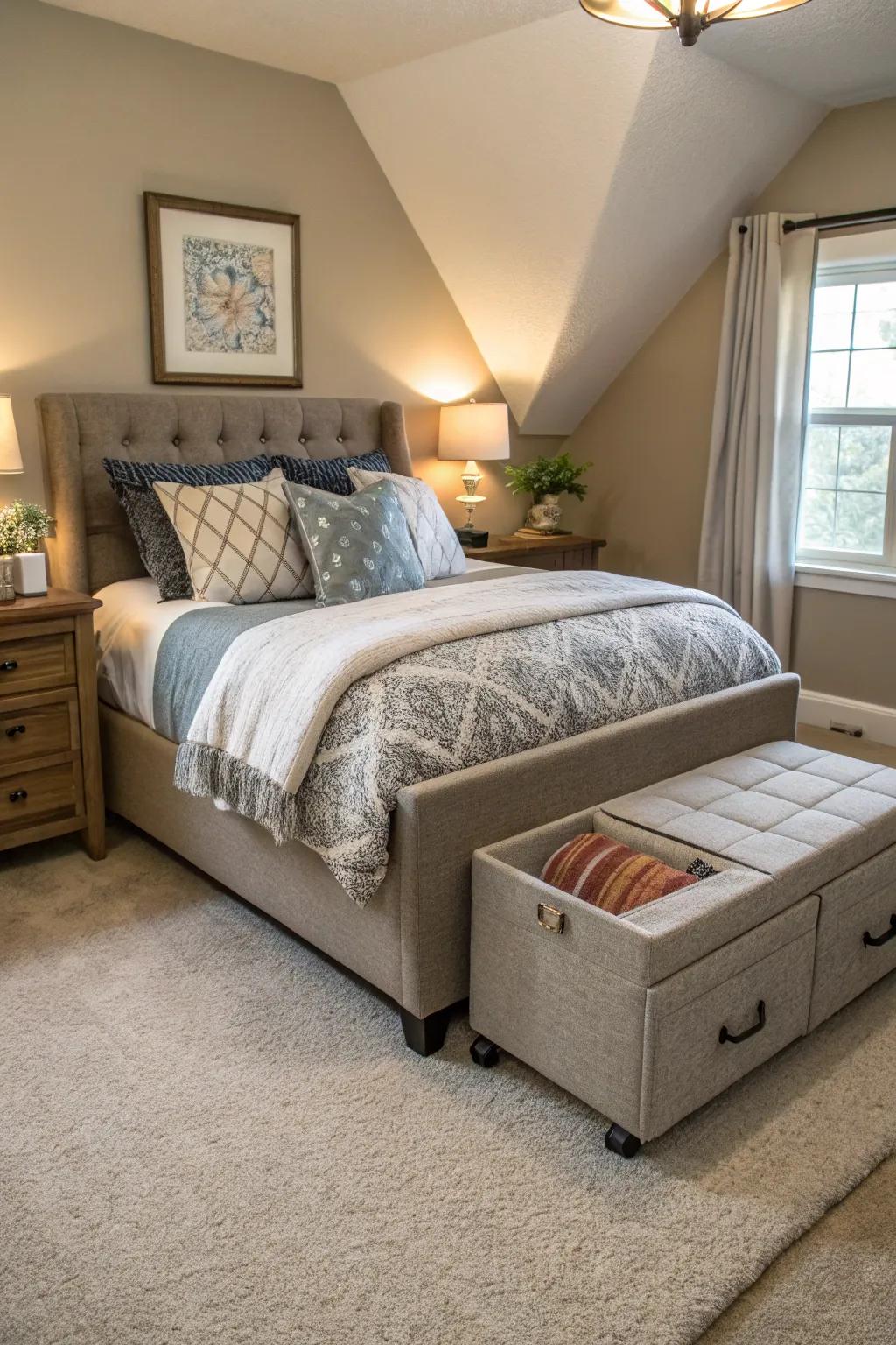 Multi-purpose furnishings complement a bed layout at an angle.