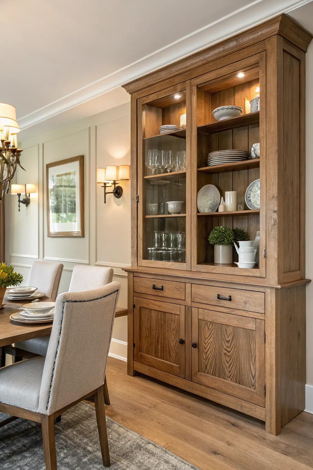 A corner hutch combines practical storage with elegant design.
