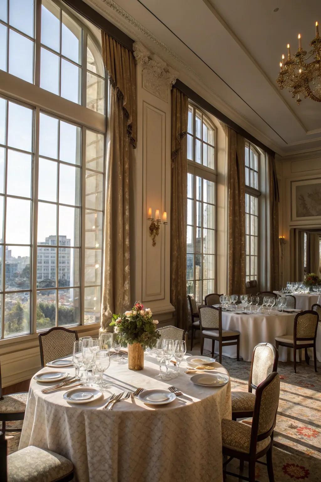 Large windows bring in sunlight, enhancing the dining room's ambiance.