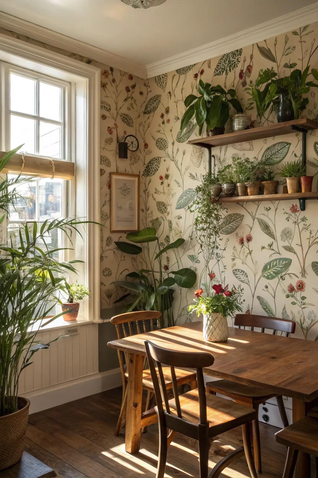 Botanical wall decor and indoor flora merge to craft a revitalizing, organic ambiance.