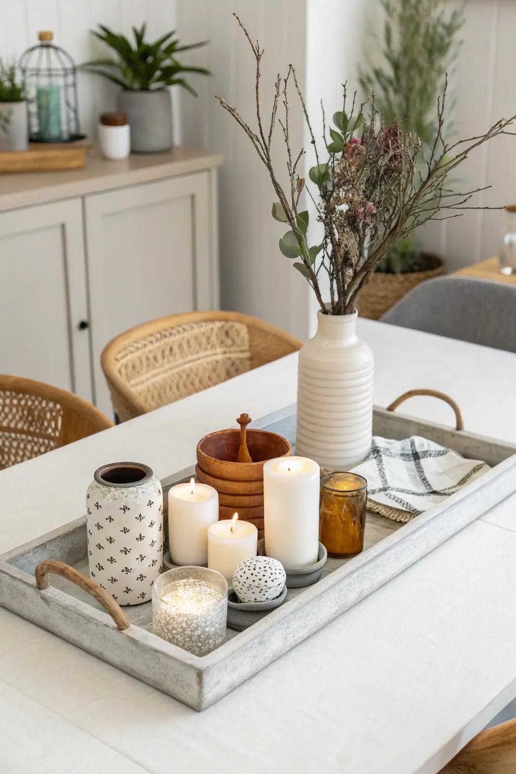 A dining table showcasing decor items organized neatly on a large tray.