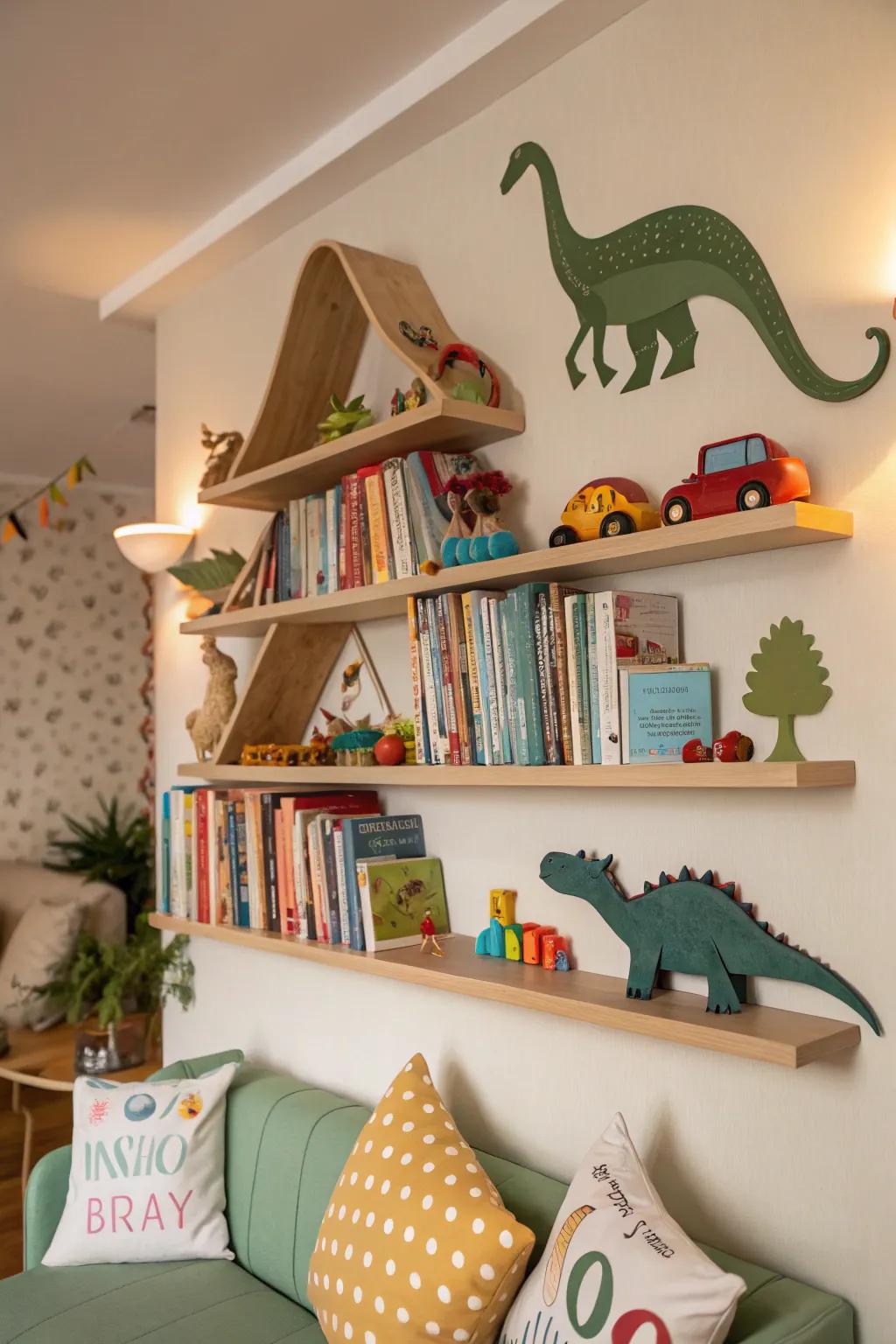 Wall shelves in dinosaur shapes contributing personality to design.