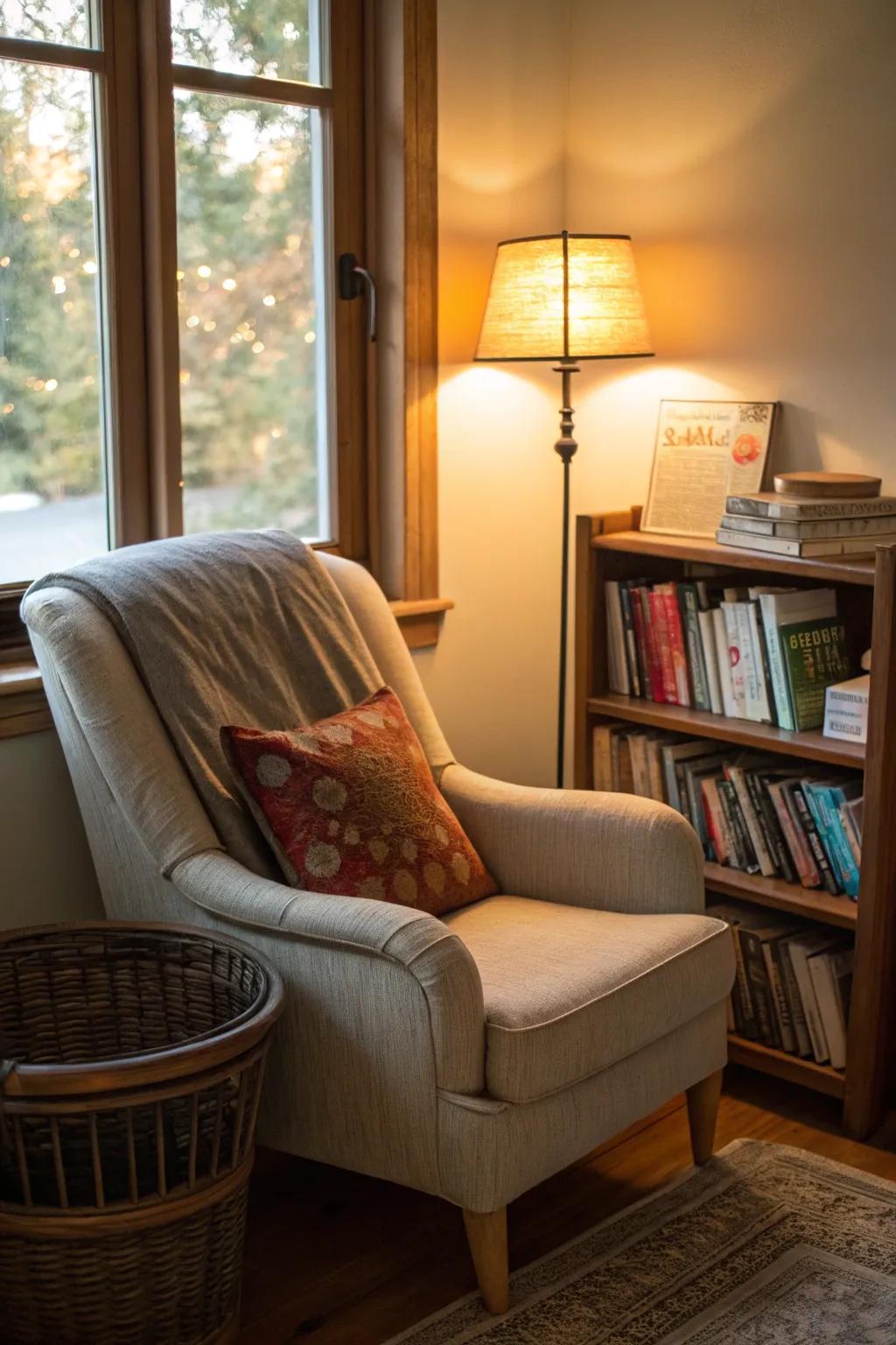 An inviting reading nook crafted for relaxation and literary indulgence.