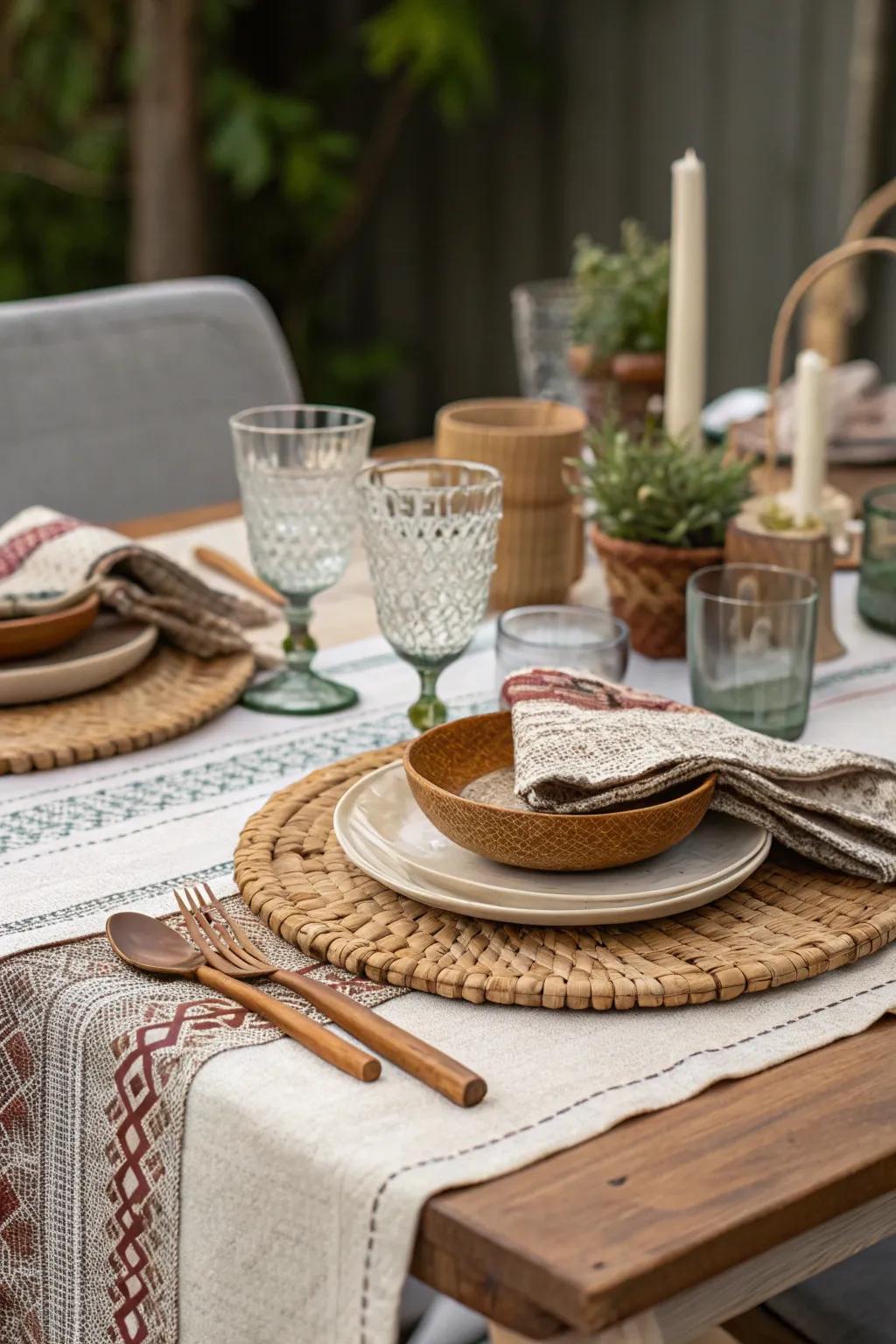 Layered textures utilizing textiles, glass, and timber fashion a welcoming and abundant table setting.