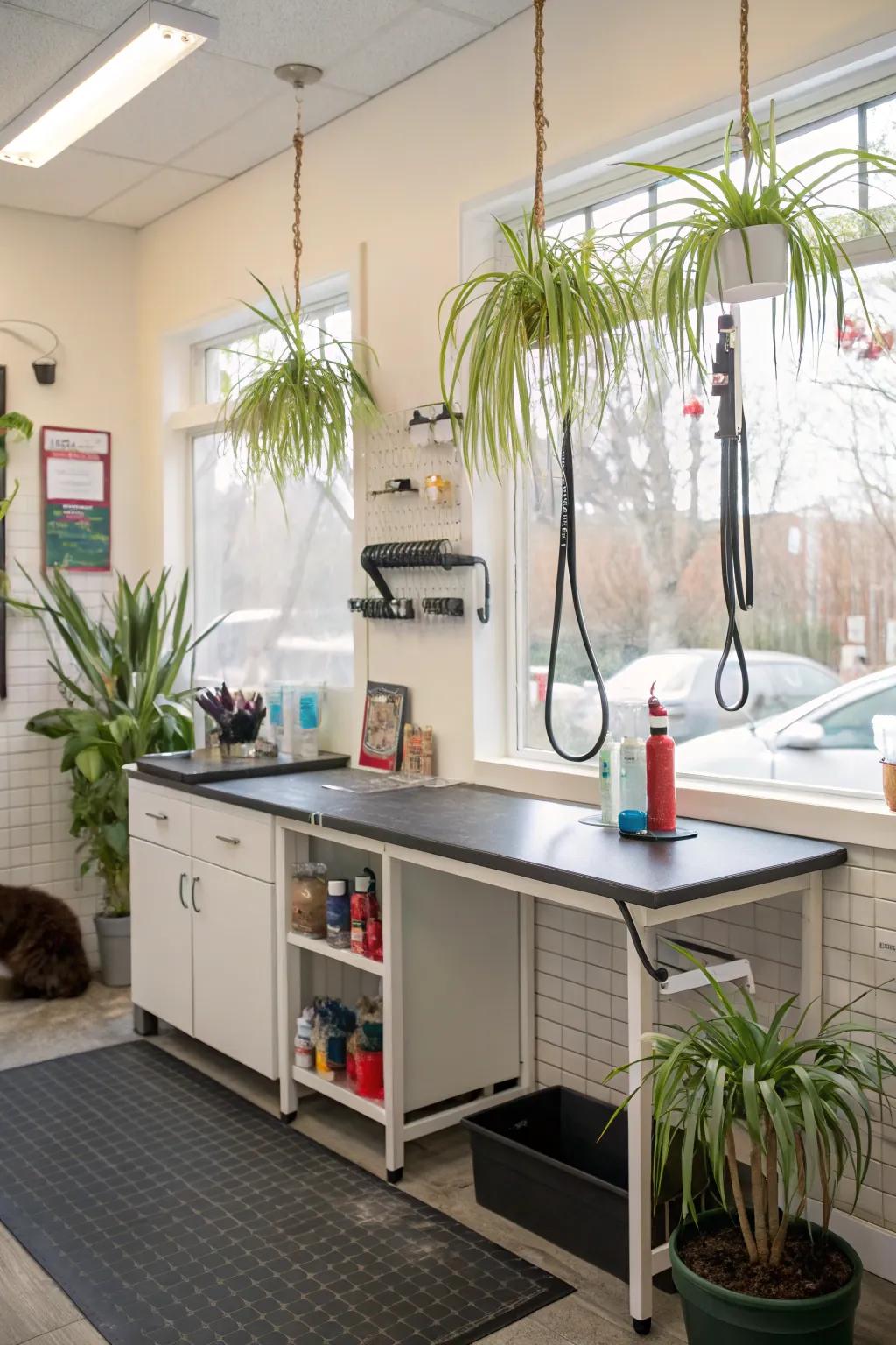 Pet-endorsed greenery breathing vitality into a salon setting.
