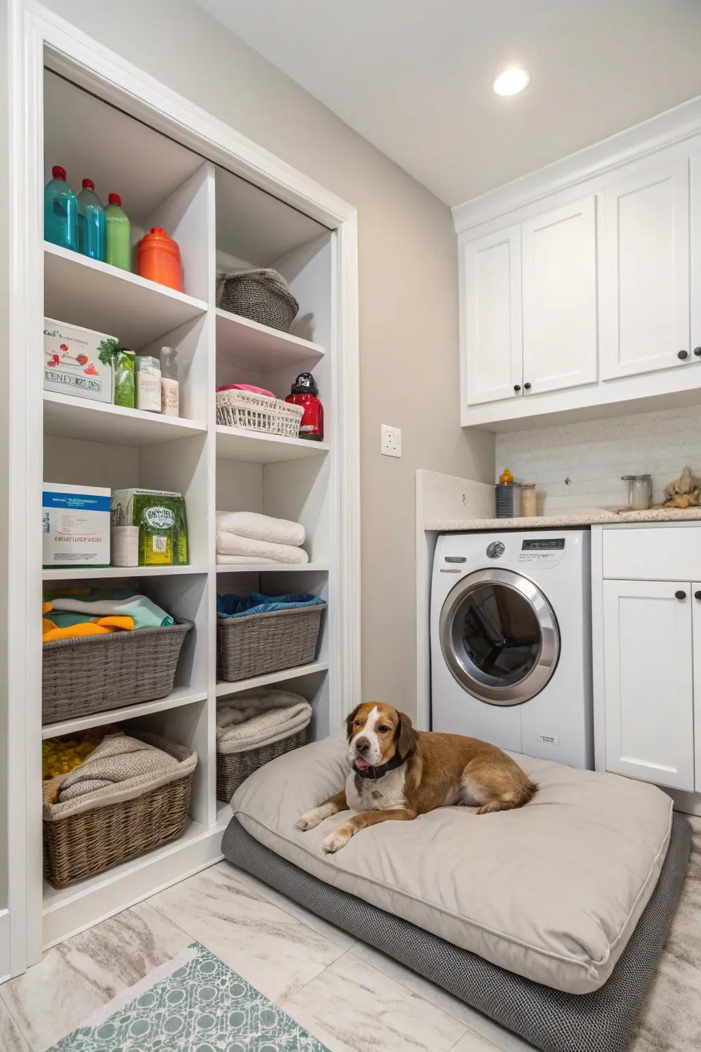 A pragmatic canine niche within a laundering chamber, showcasing orderly shelving and an inviting bed.