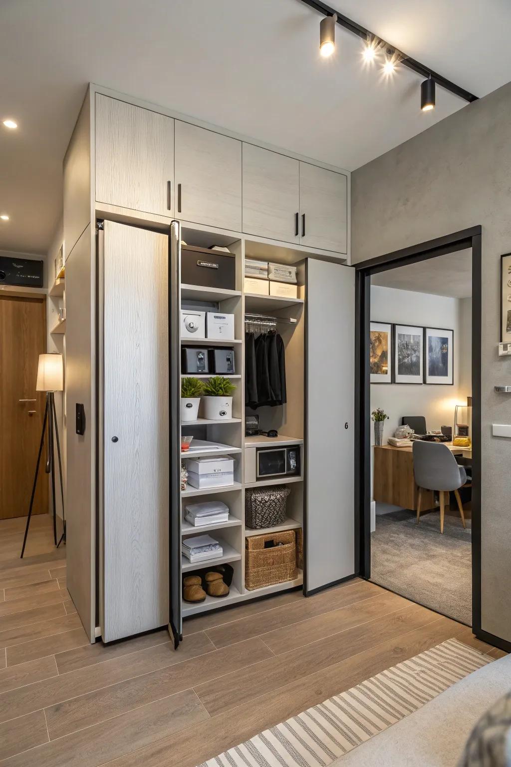 Multi-use doors cleverly integrate storage, optimizing space in this studio apartment.