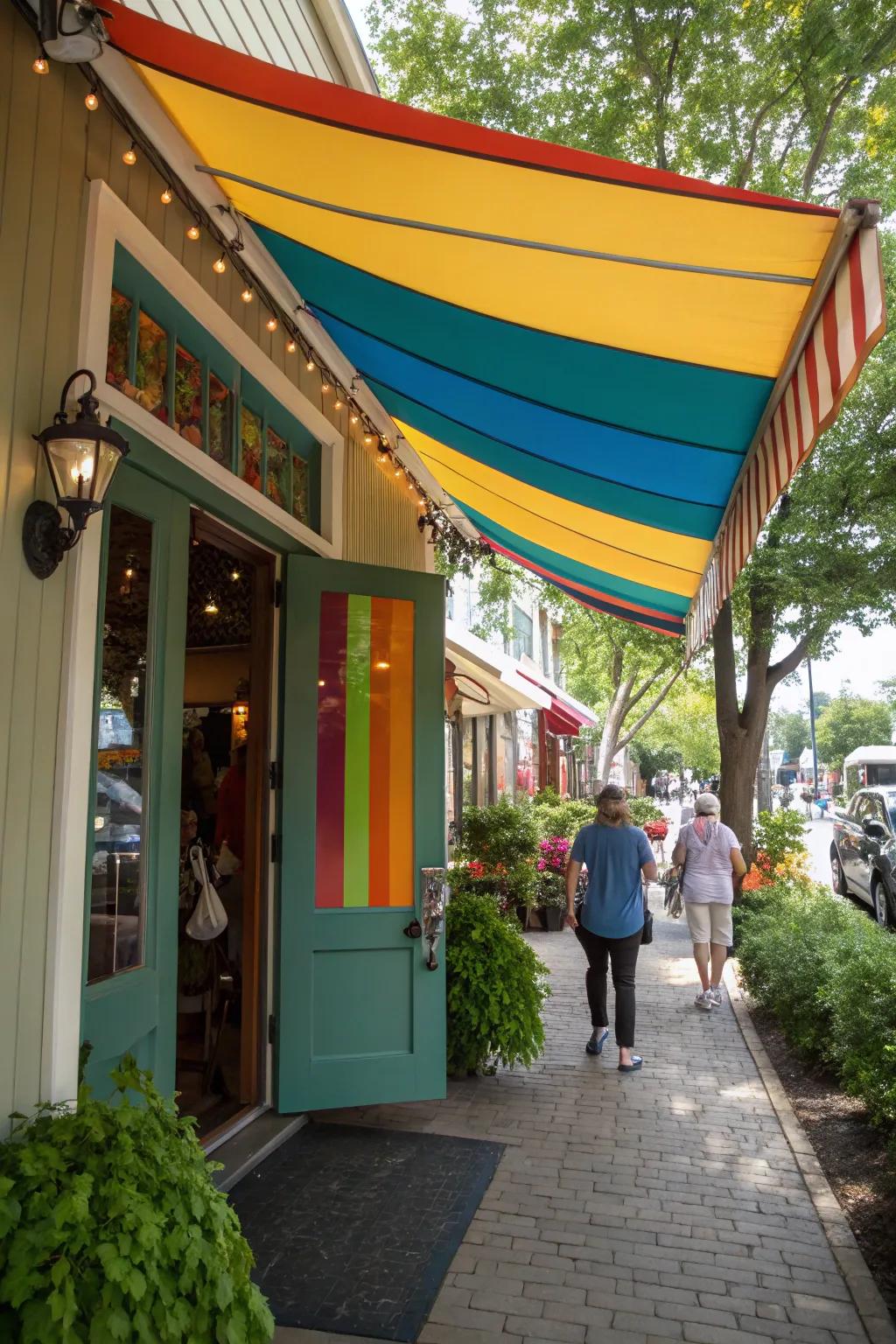 A colorful material awning above a lively front door.